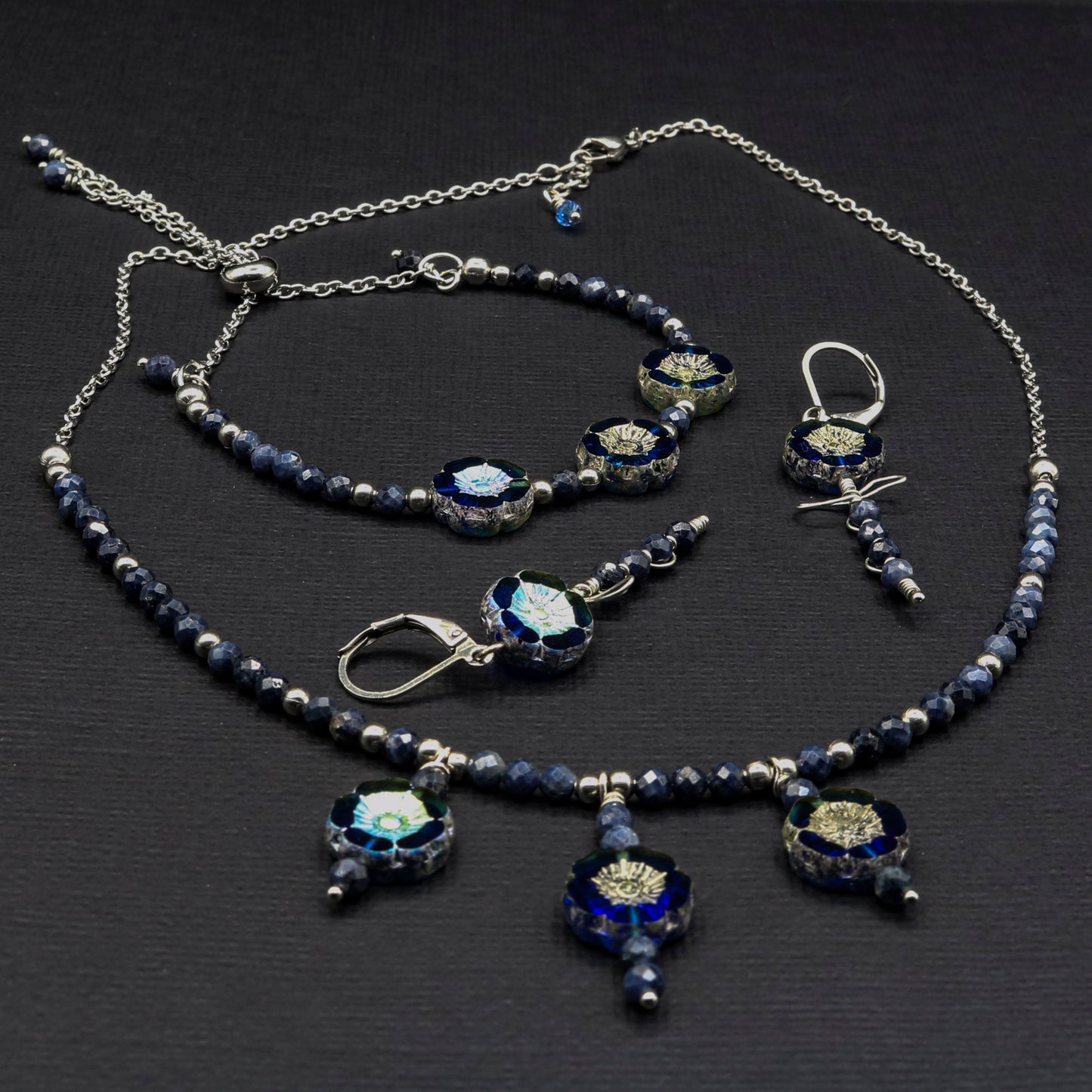 Blue Sapphire Czech Glass Hibiscus Coin & Sapphire Bracelet