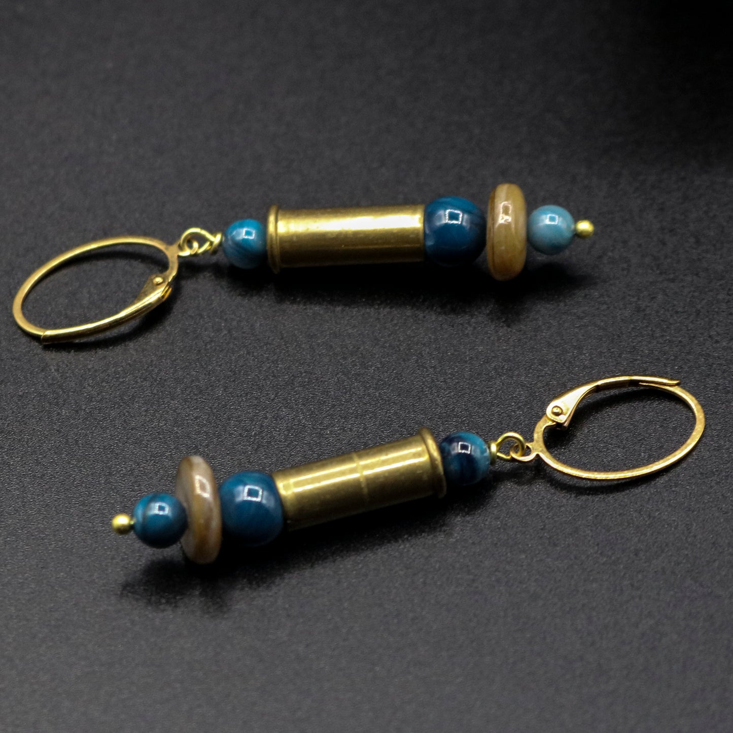 Hi-Caliber Brass Blue & Gold Shell Bead Earrings