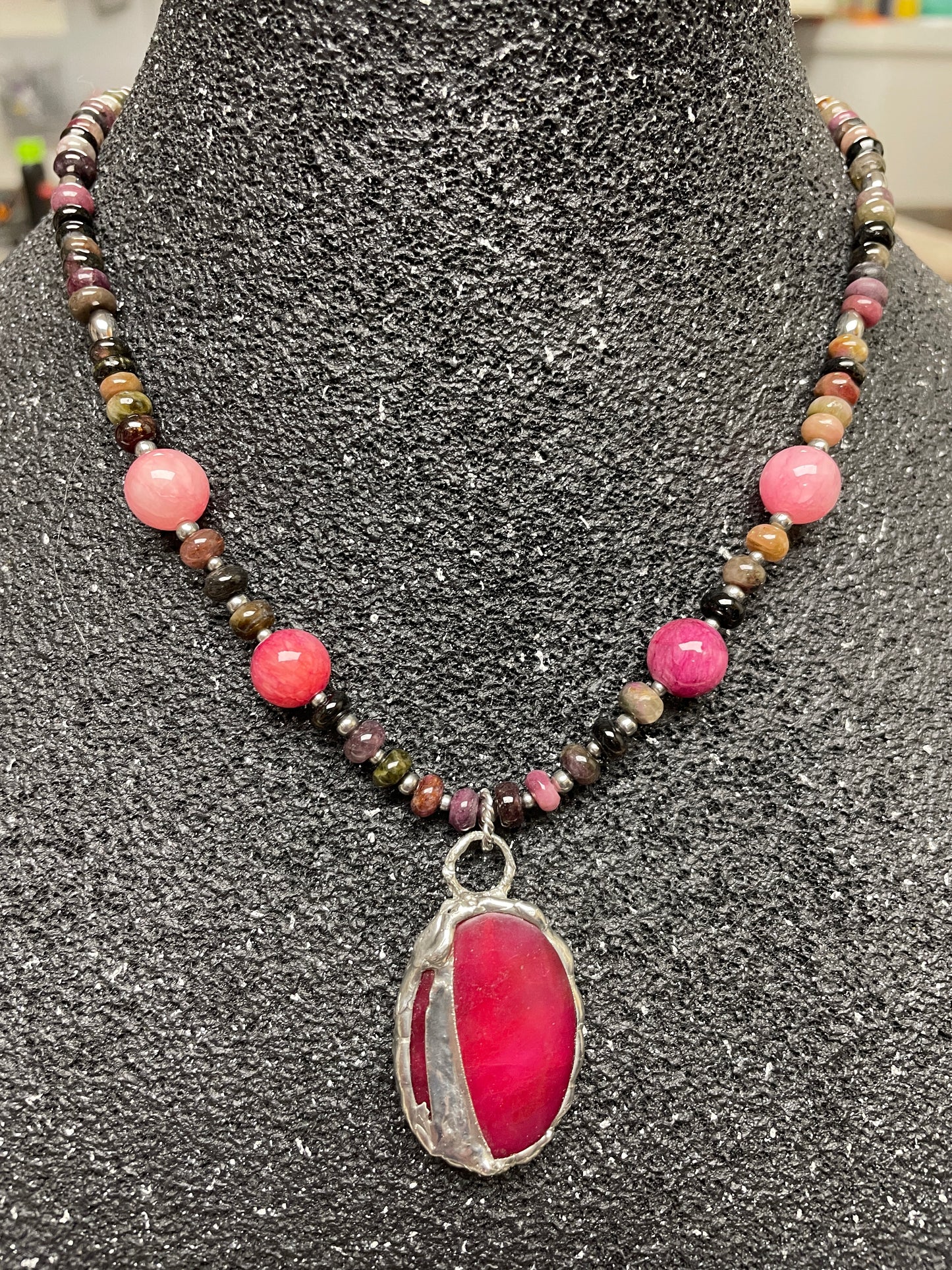 Soft Solder Ruby Quartzite Pendant on Watermelon Tourmaline Necklace