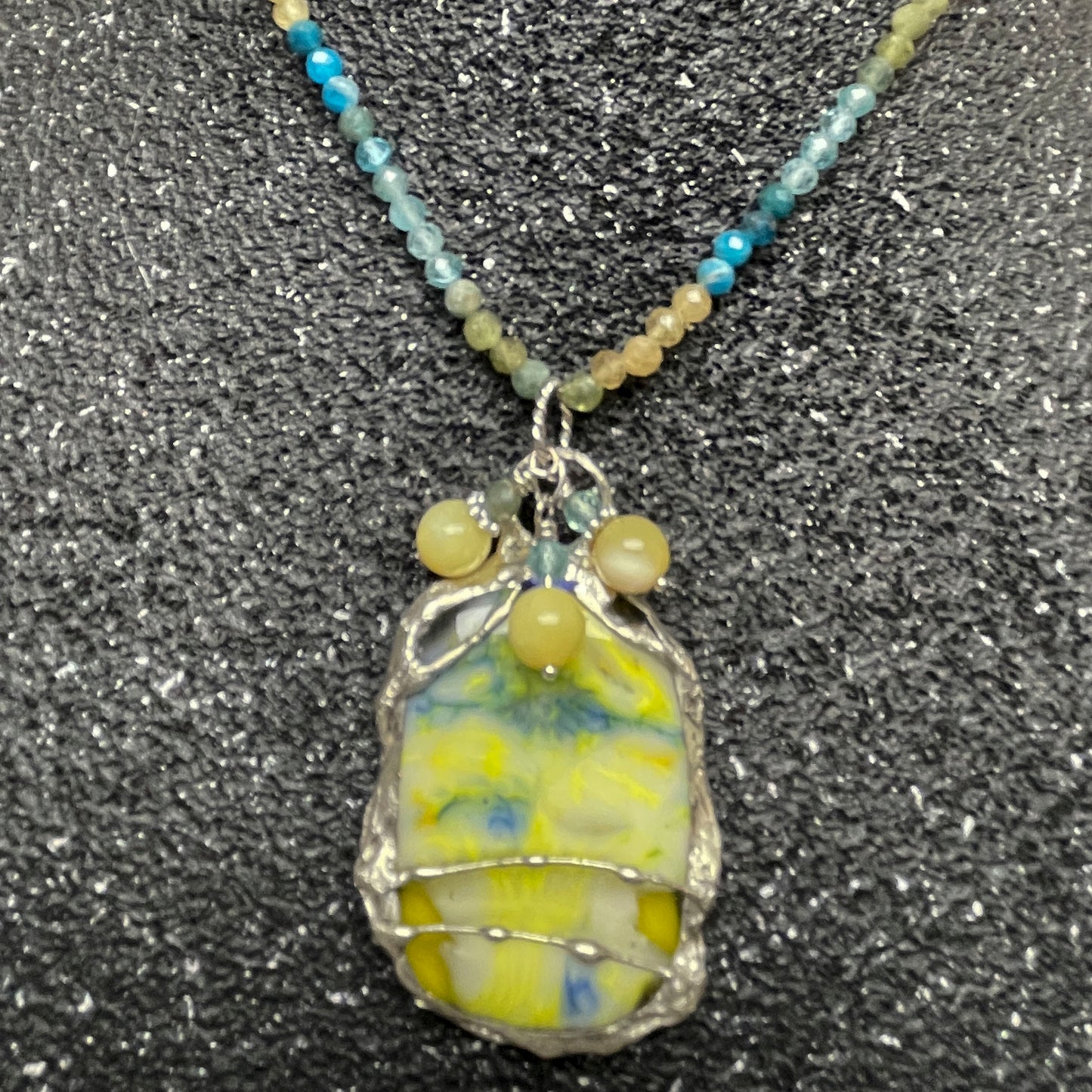 Soft Solder Fused Glass Pendant and Multi-Color Ombre Apatite Stone Necklace