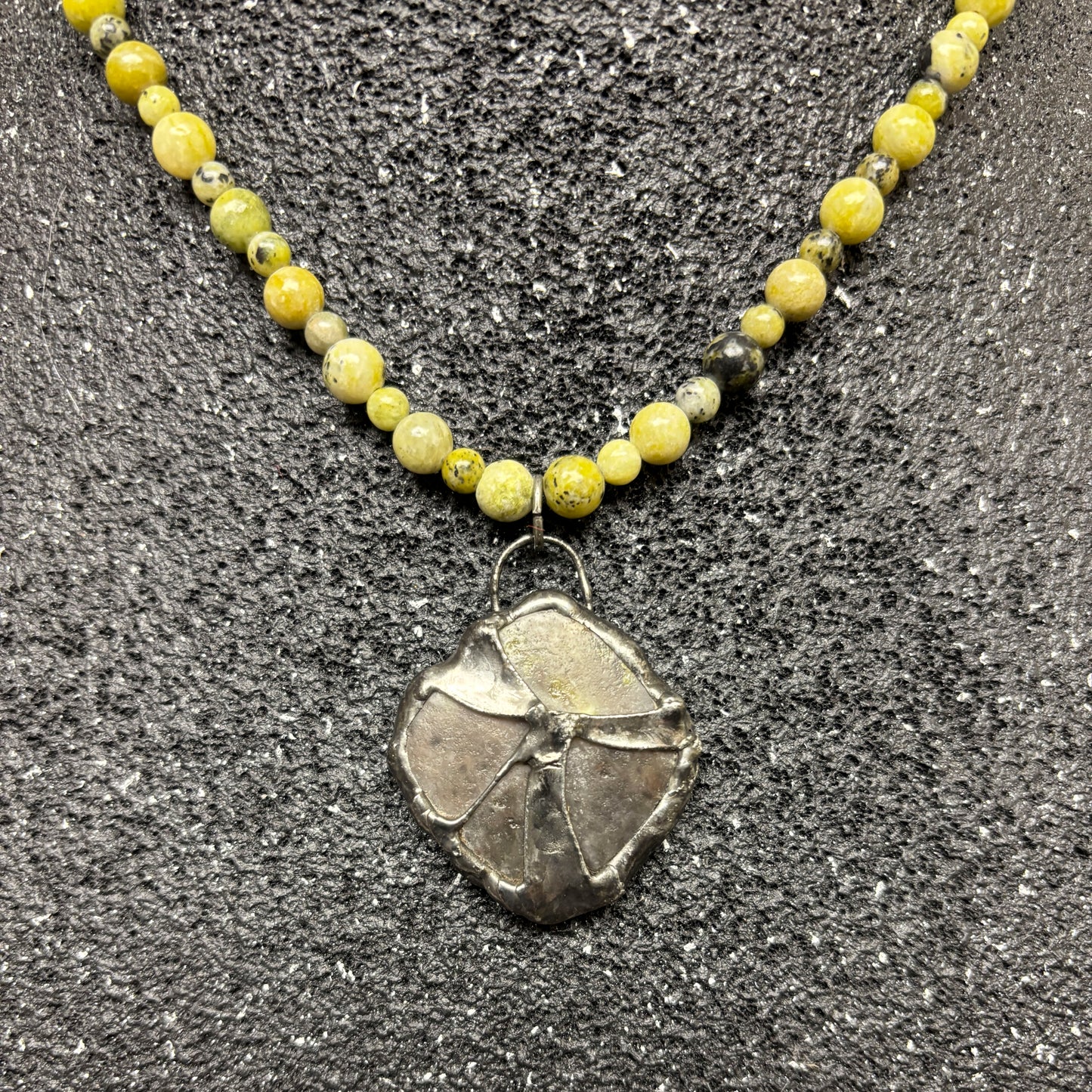 Soft Solder Lepidolite Stone Pendant on Serpentine Stone Necklace