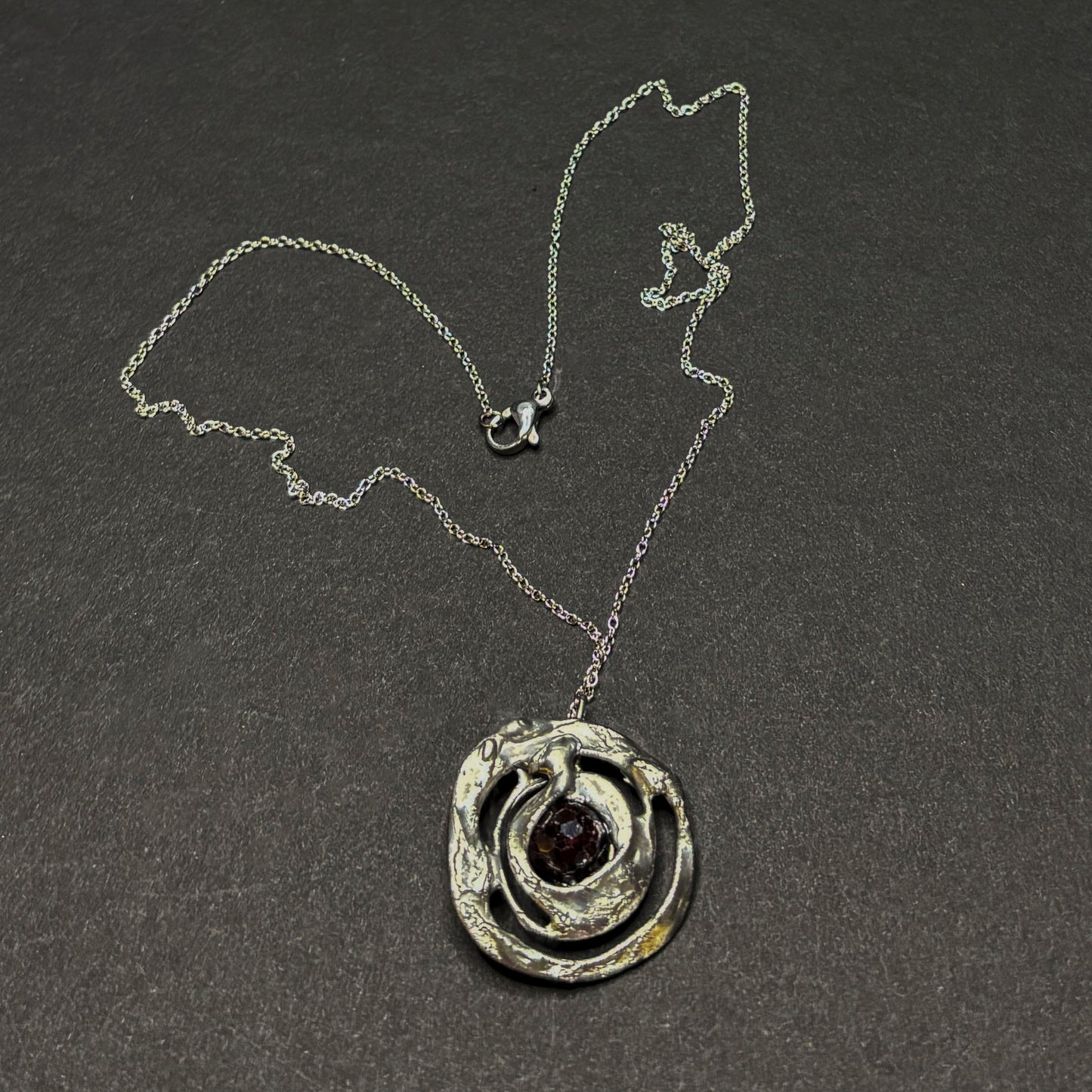 Soft Solder Abstract Garnet Circle Pendant on Chain Necklace