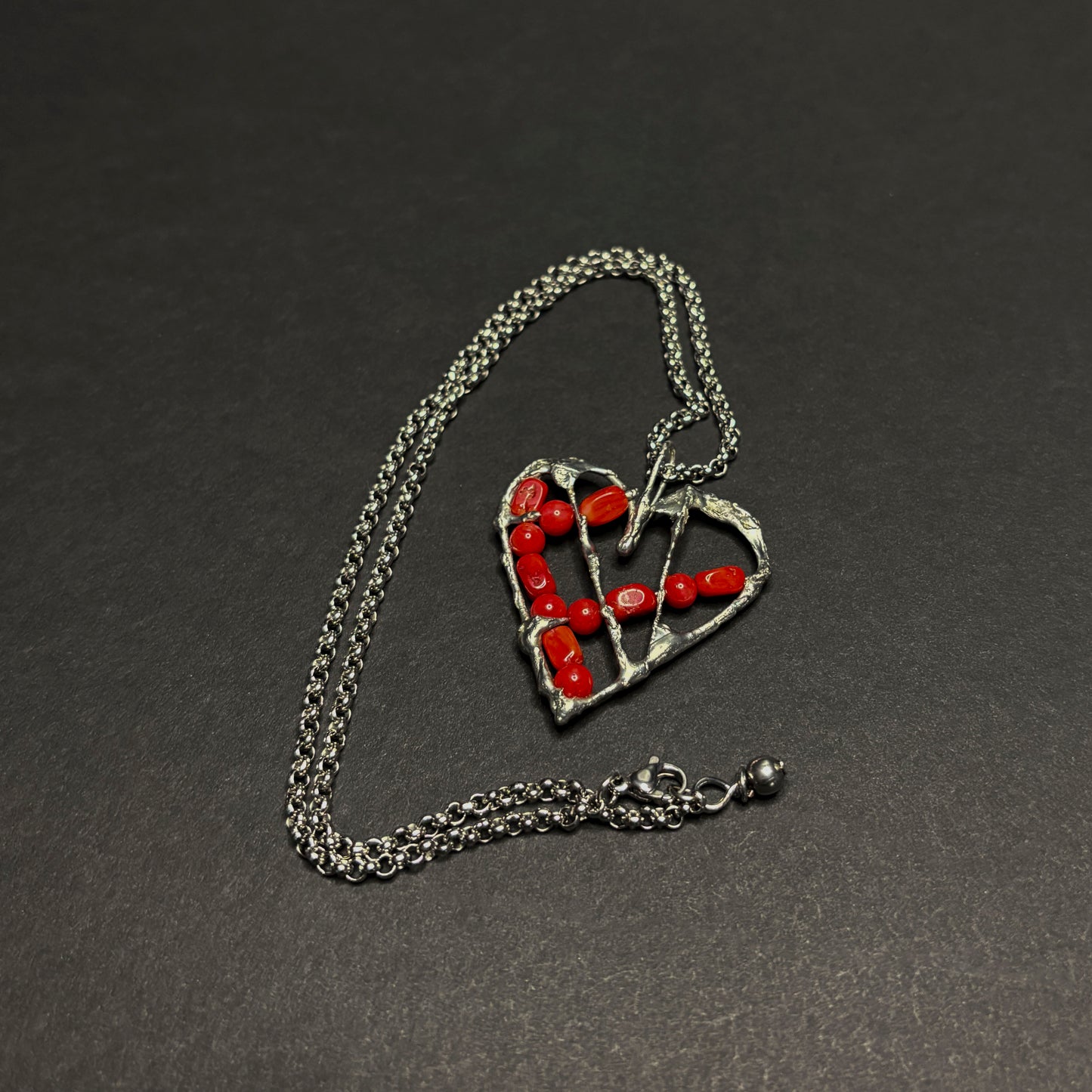 Soft Solder Heart Pendant with Red Bamboo Coral