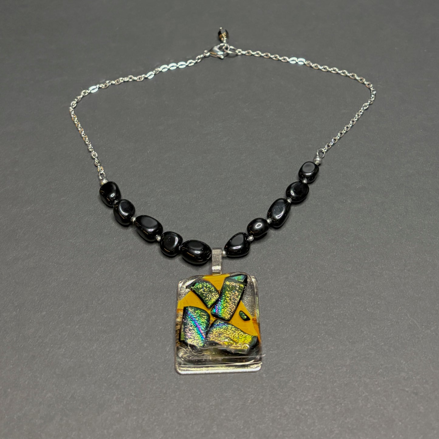 Fused Glass Pendant on Black Jasper & Chain