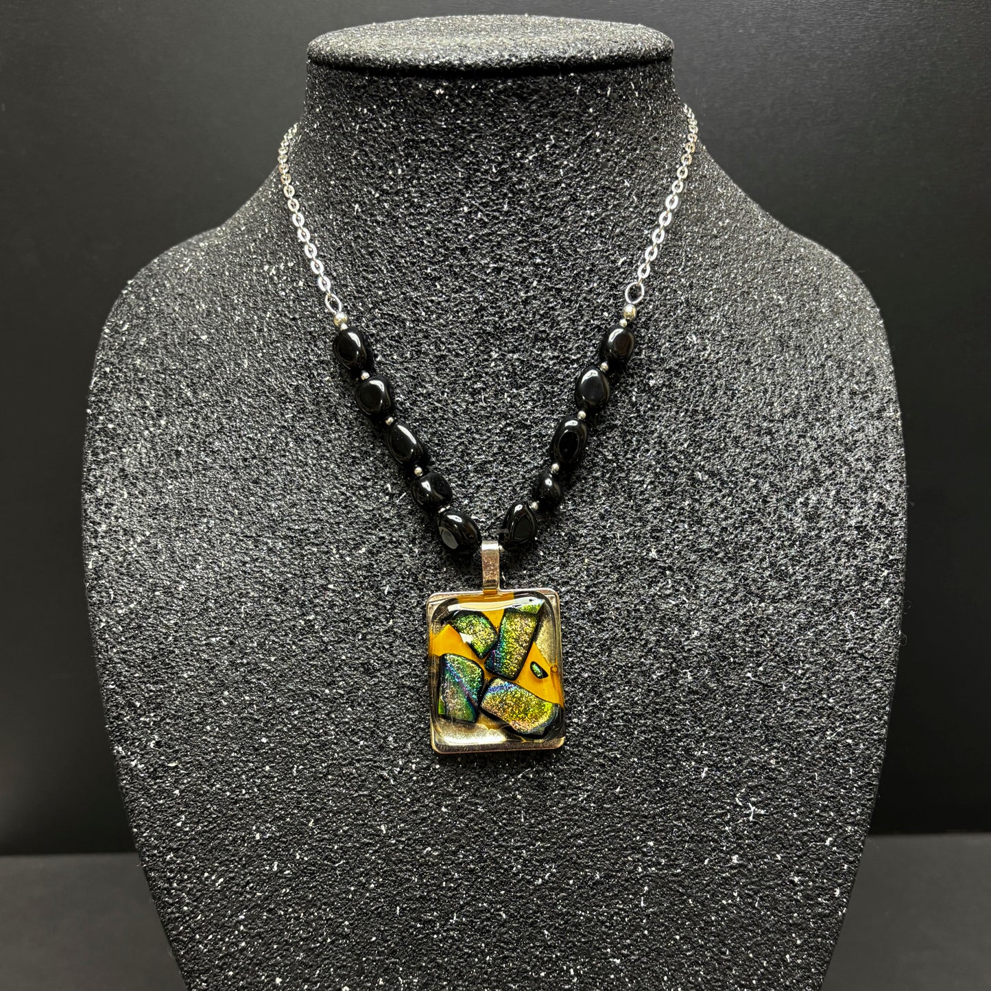 Fused Glass Pendant on Black Jasper & Chain