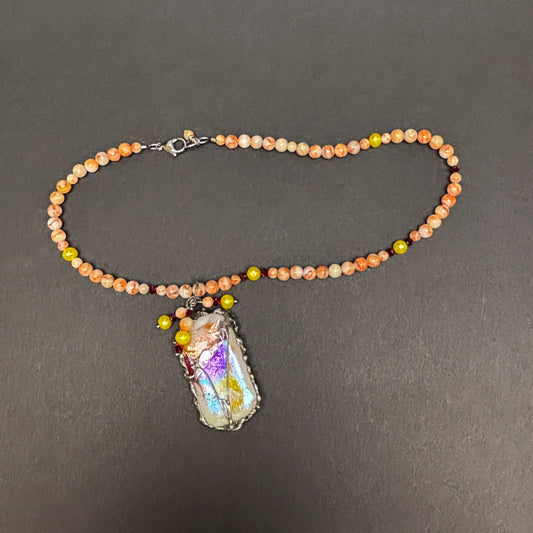 Solf Solder Fused Glass Pendant on Orange Marble Necklace