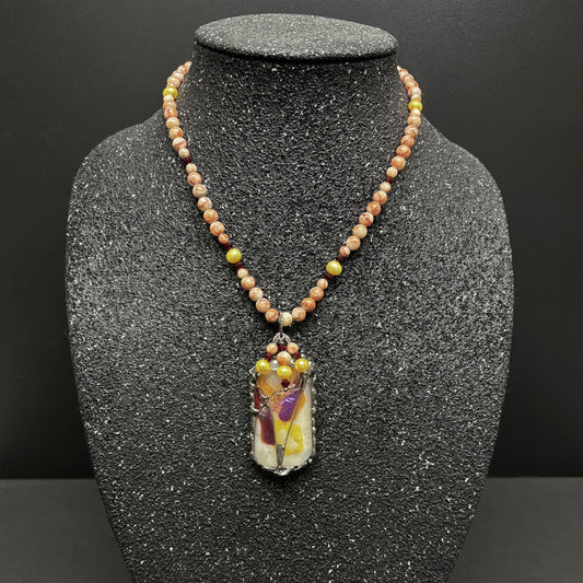 Solf Solder Fused Glass Pendant on Orange Marble Necklace