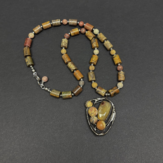 Soft Solder Mixed Gemstone Pendant on Red Creek Jasper Necklace