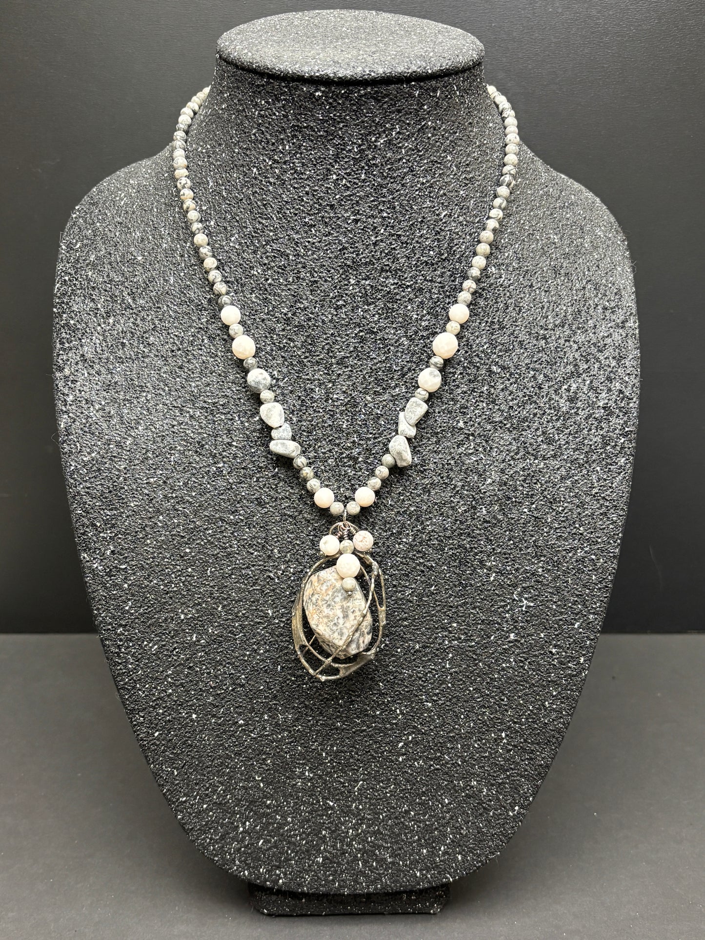 Soft Solder Leopard Skin Jasper Cage pendant on Jasper & Larvakite Necklace