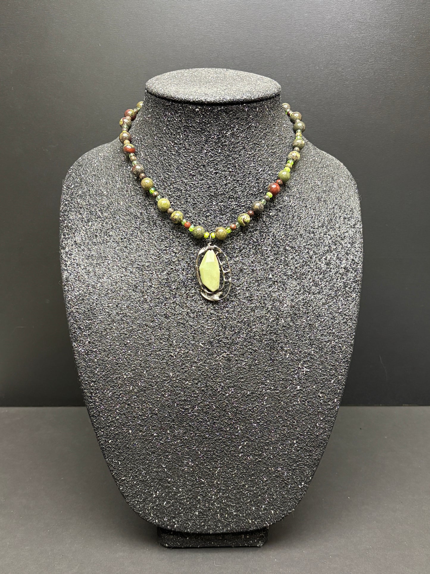 Soft Solder Chrysoprase Pendant on Dragon Blood & Czech Glass Necklace