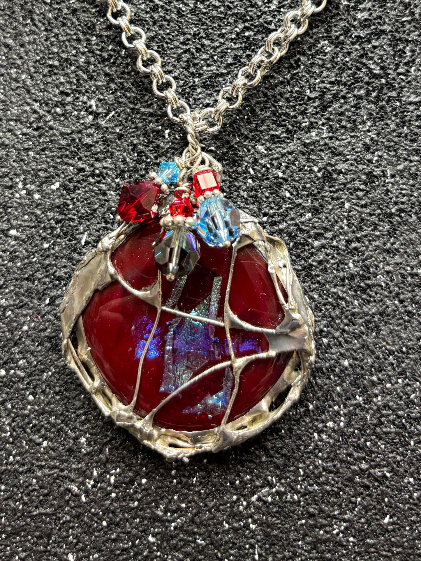 Red Dichroic Fused Glass Soldered Pendant