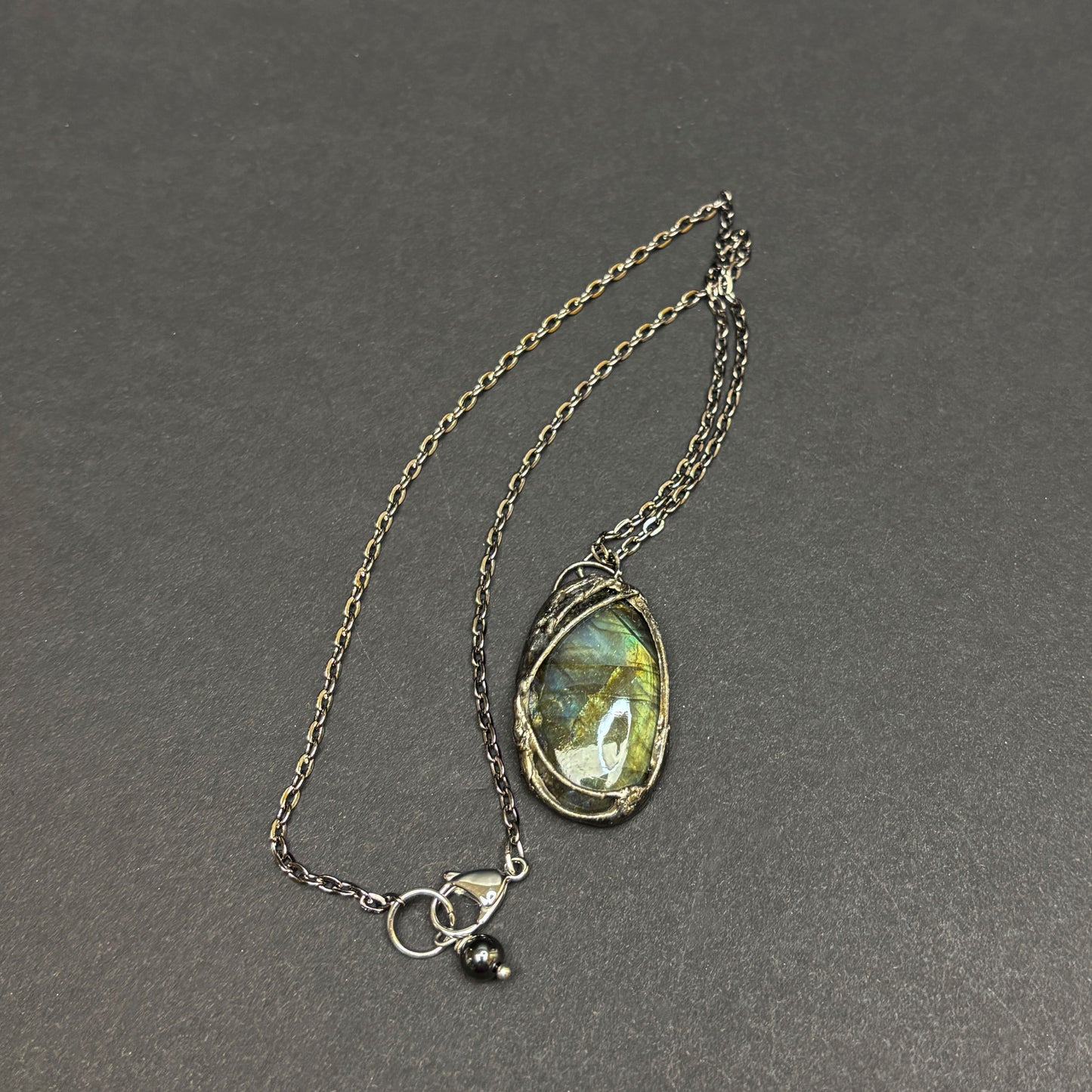 Soft Solder Oblong Labradorite Pendant on Chain