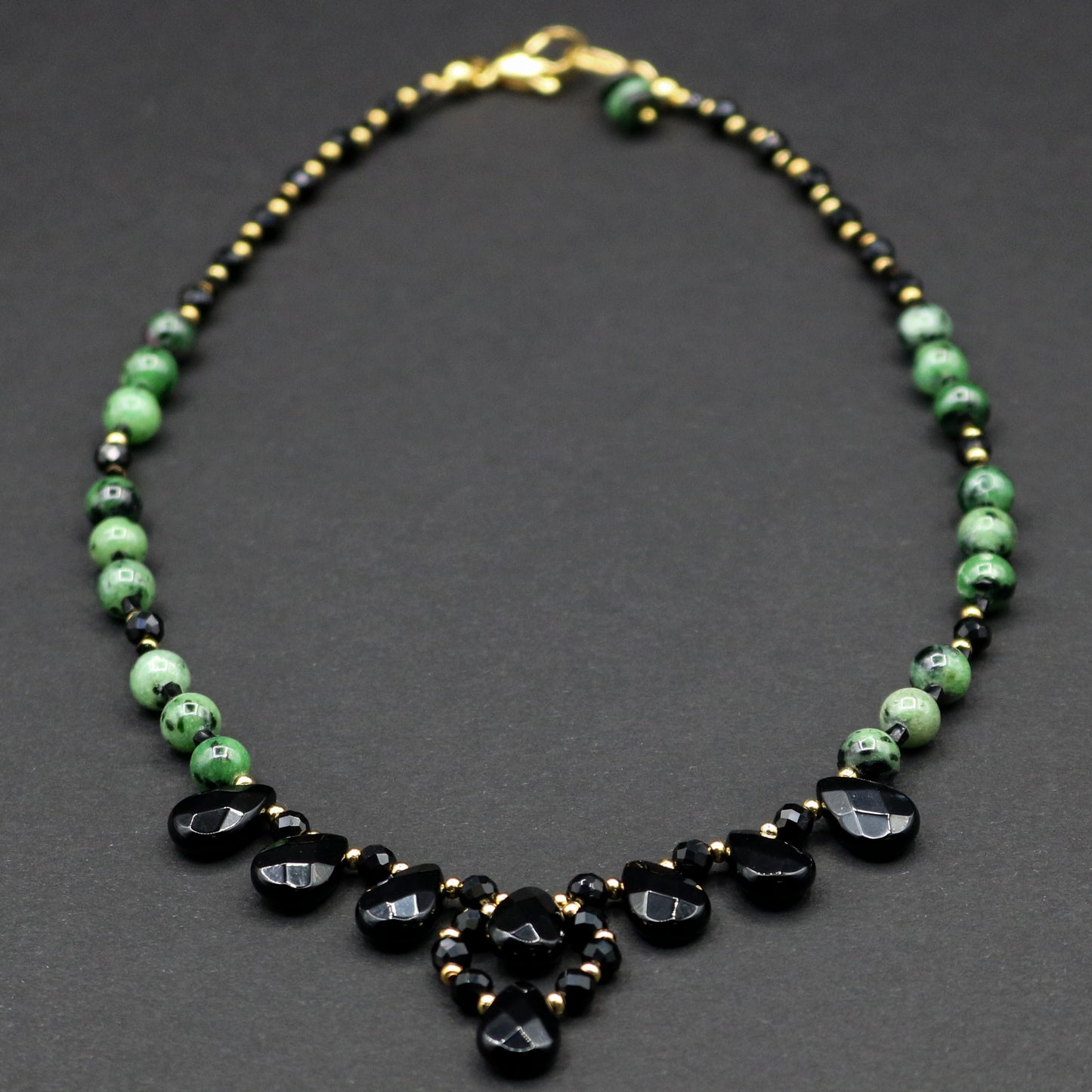 Black Onyx Briolette w/ Ruby in Zoisite Necklace