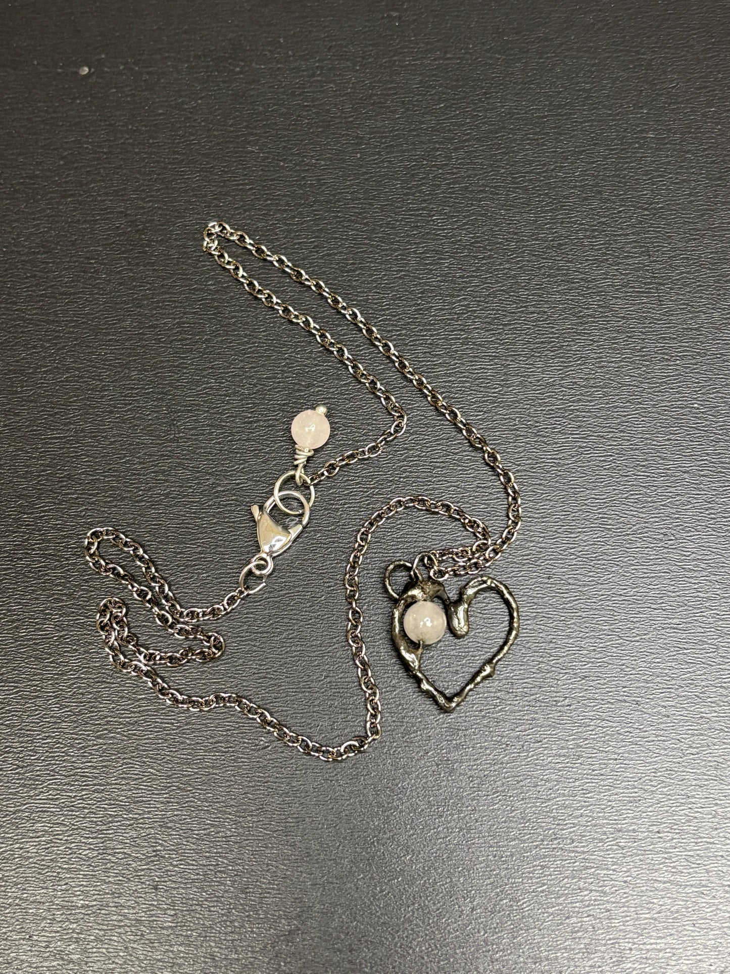 Soft Solder Heart Pendant with Rose Quartz on Chain