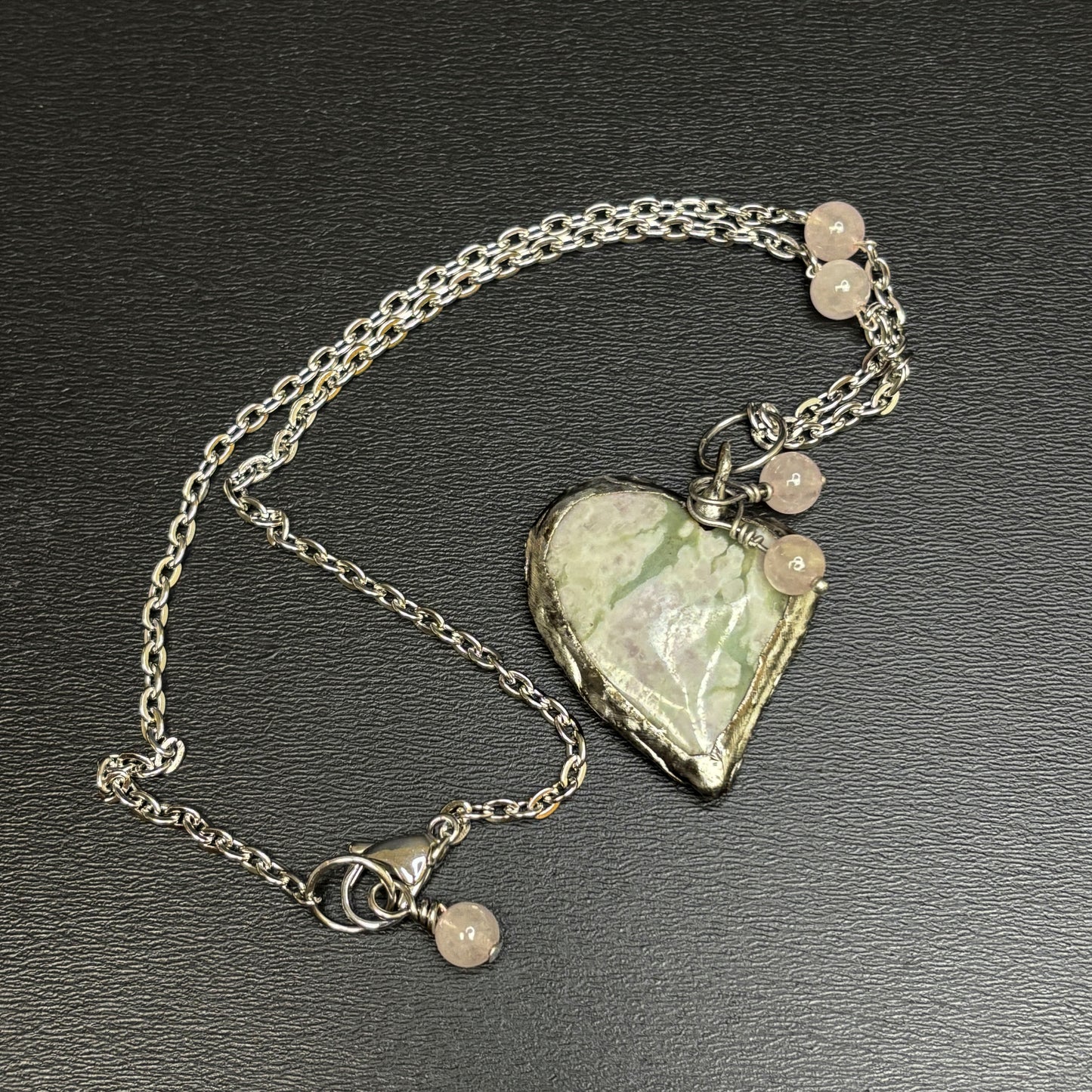 Soft Solder Rhodonite Heart Pendant on Chain