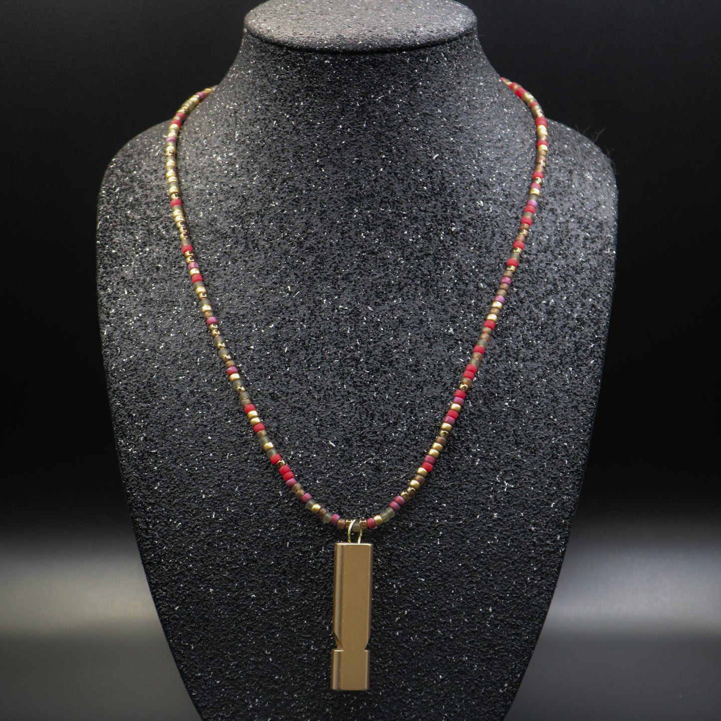 Whistle Necklace in Reds and Golds with Gold Matte Whistle