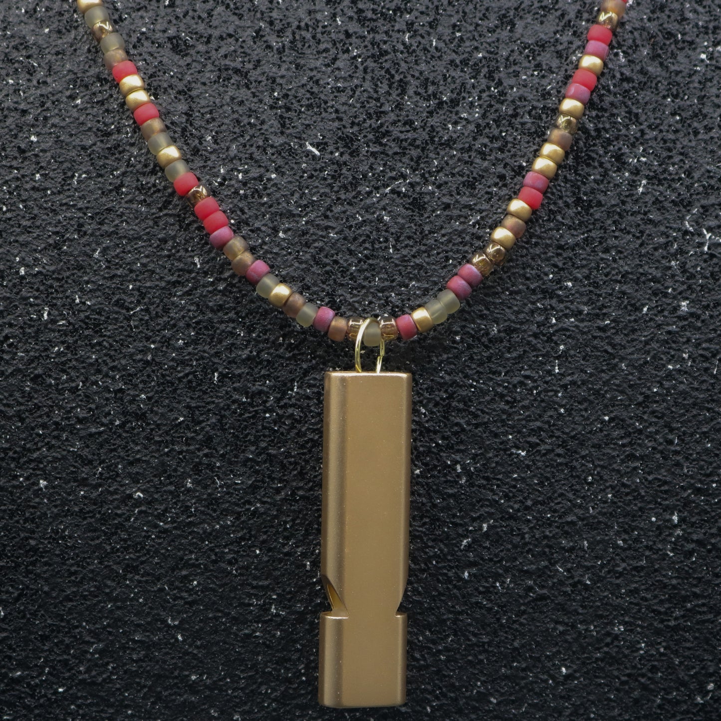 Whistle Necklace in Reds and Golds with Gold Matte Whistle