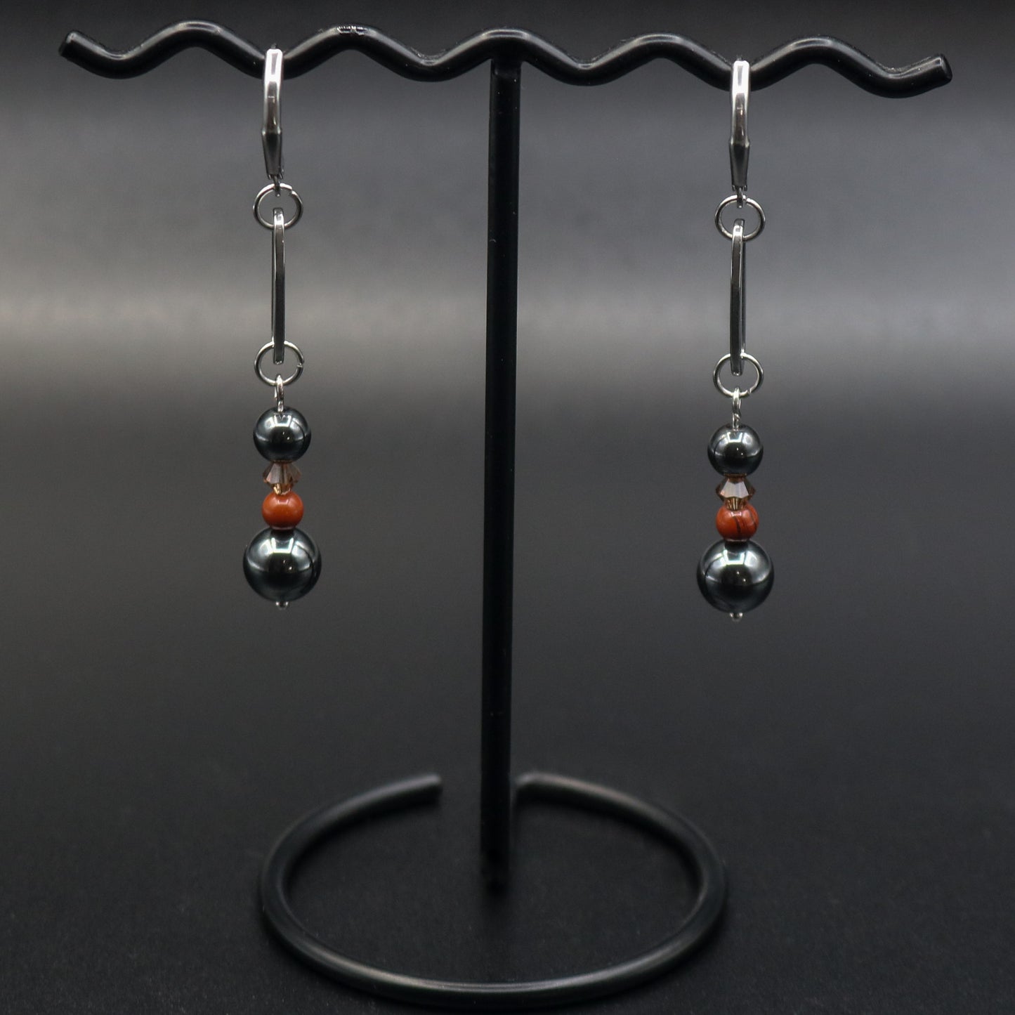 Hematite, Brecciated Jasper & Swarovski Crystal Paper Clip Link Earrings