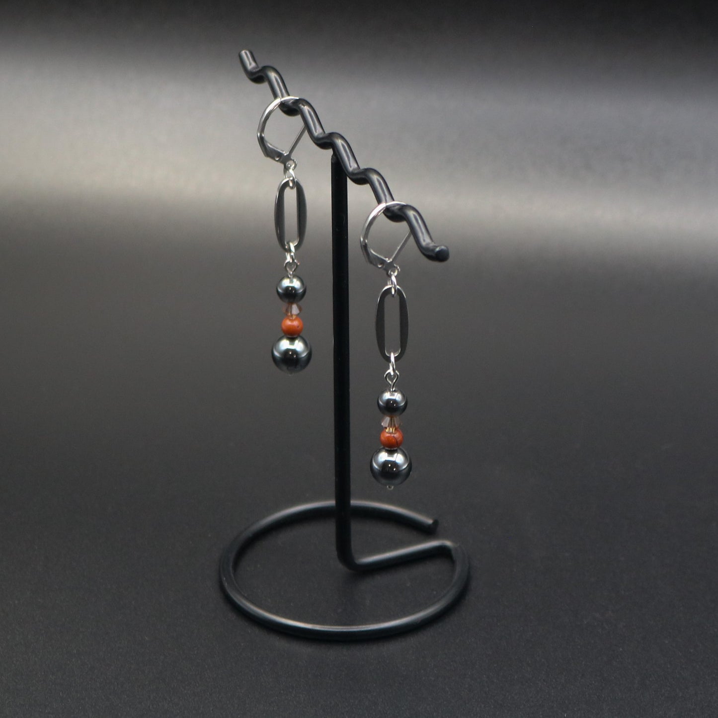 Hematite, Brecciated Jasper & Swarovski Crystal Paper Clip Link Earrings