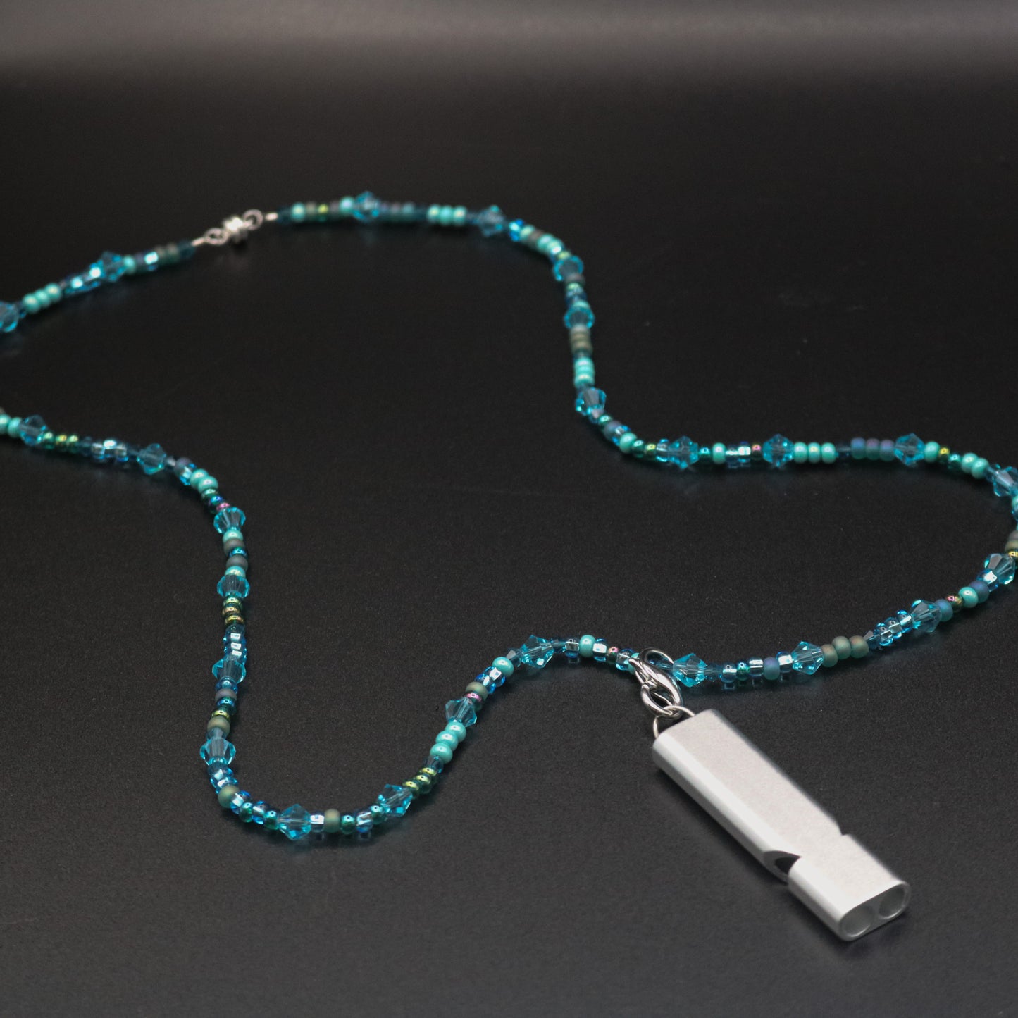 Whistle Necklace in Shades of Teal & Turquoise with Silver Matte Whistle