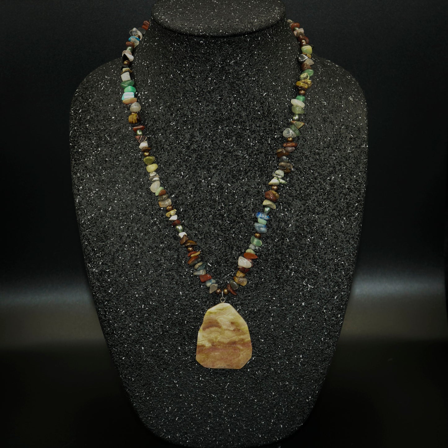 Mixed Gemstone Chip Necklace with Agate Focal Pendant