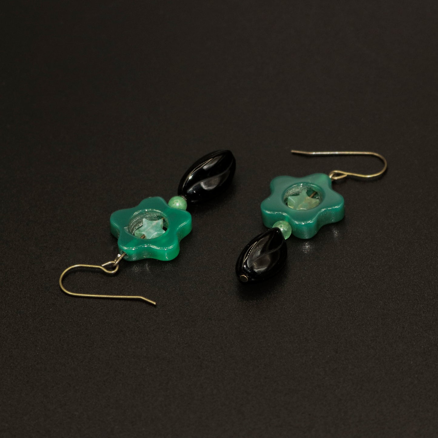 Green Chalcedony Flower w/ Star in Black Vase Earrings