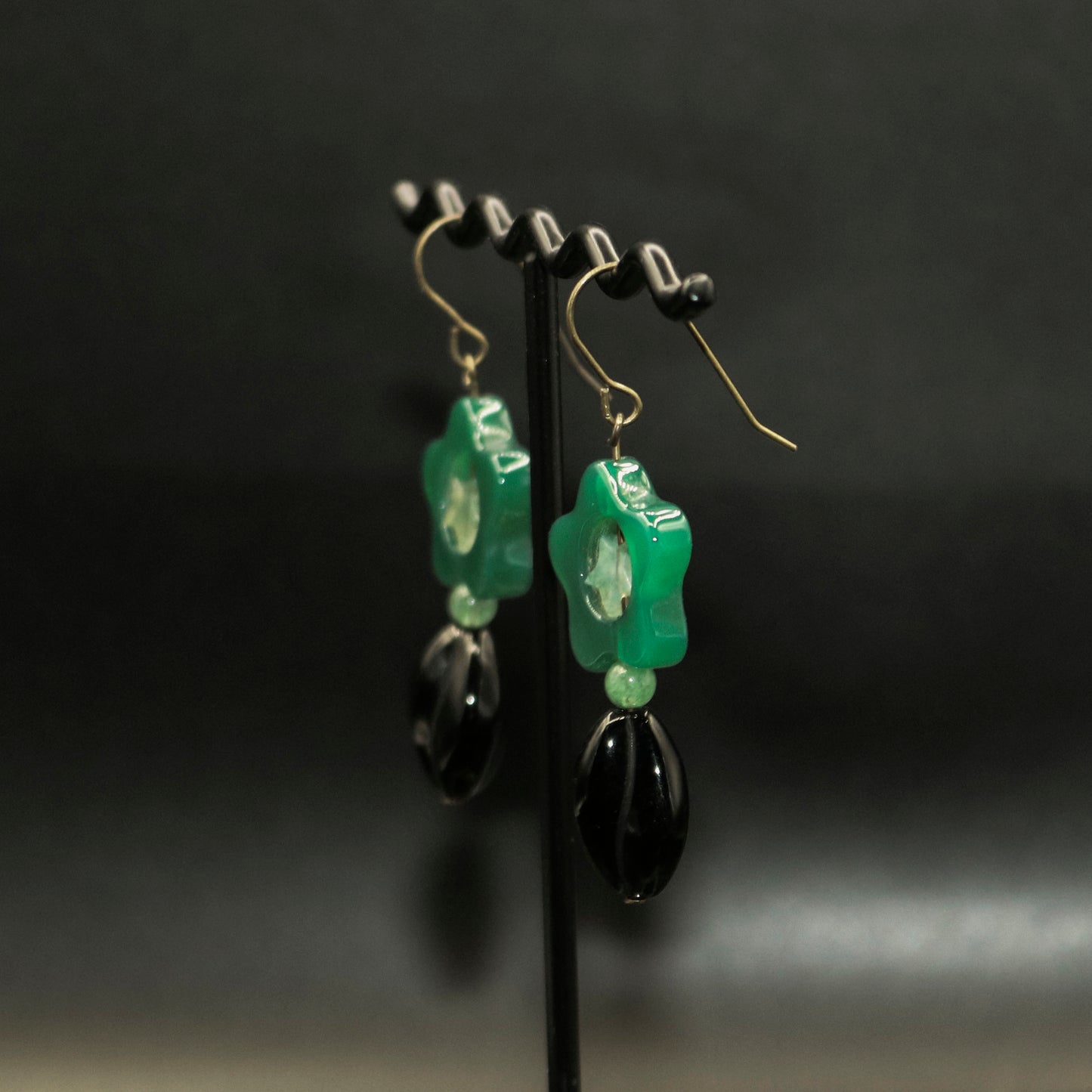 Green Chalcedony Flower w/ Star in Black Vase Earrings