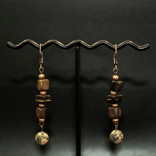 Wood & Leopard Skin Jasper Earrings