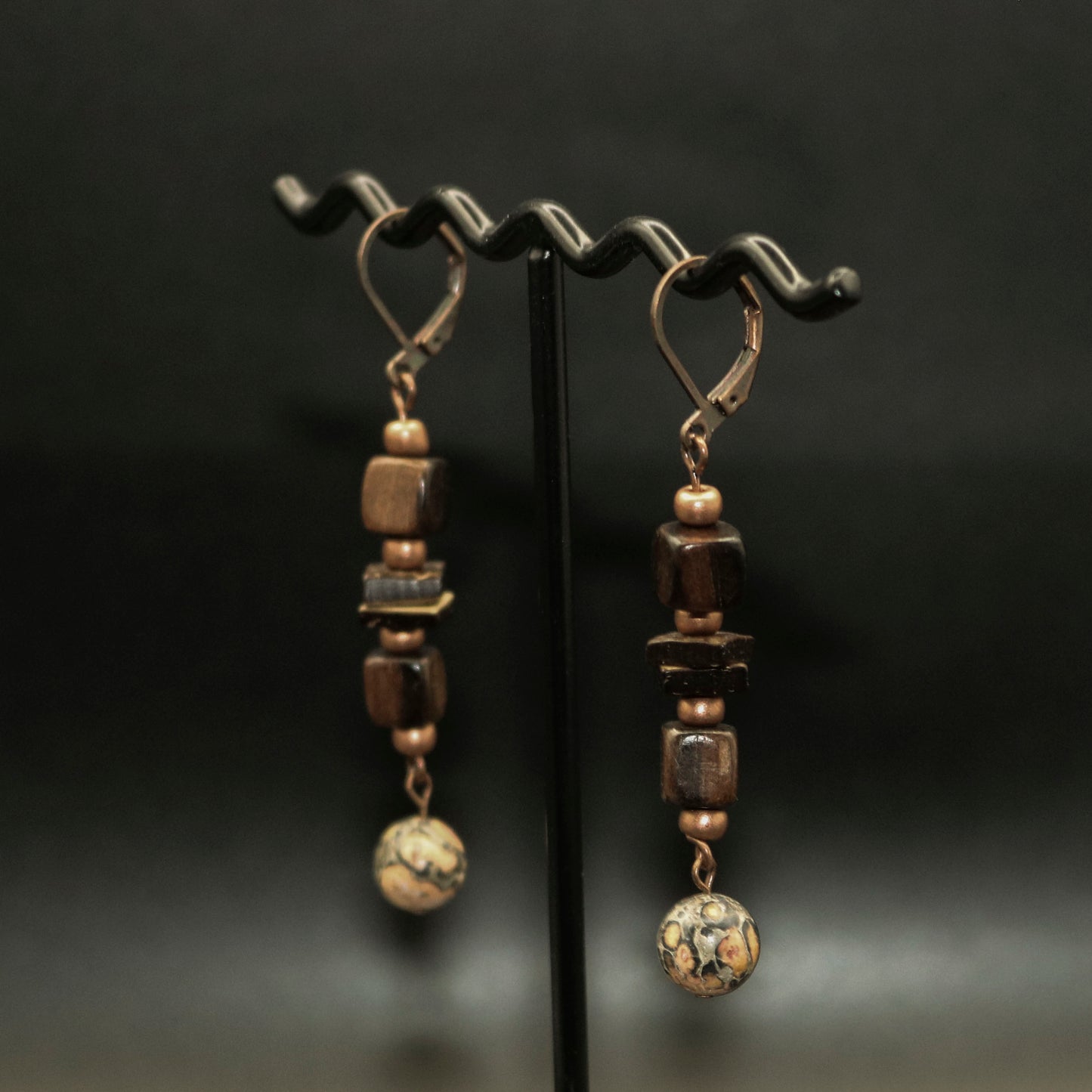 Wood & Leopard Skin Jasper Earrings