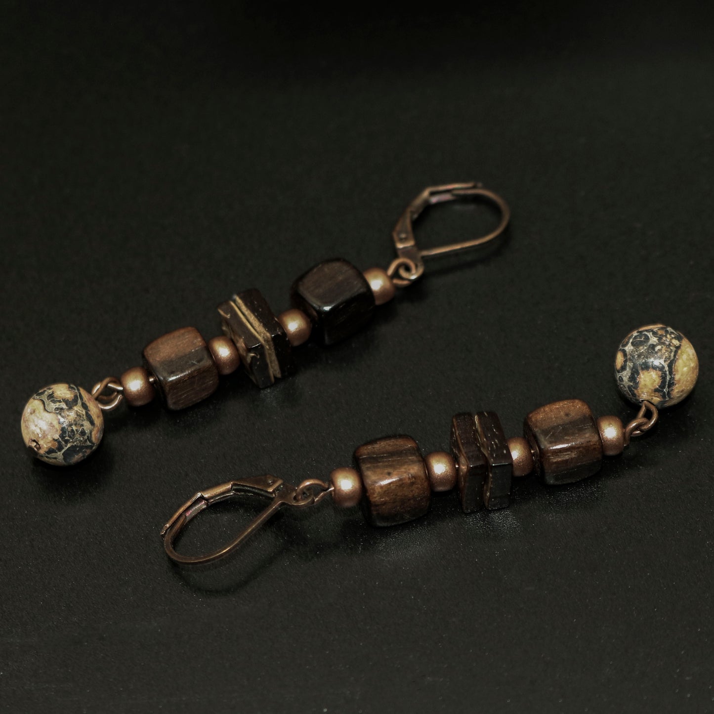 Wood & Leopard Skin Jasper Earrings