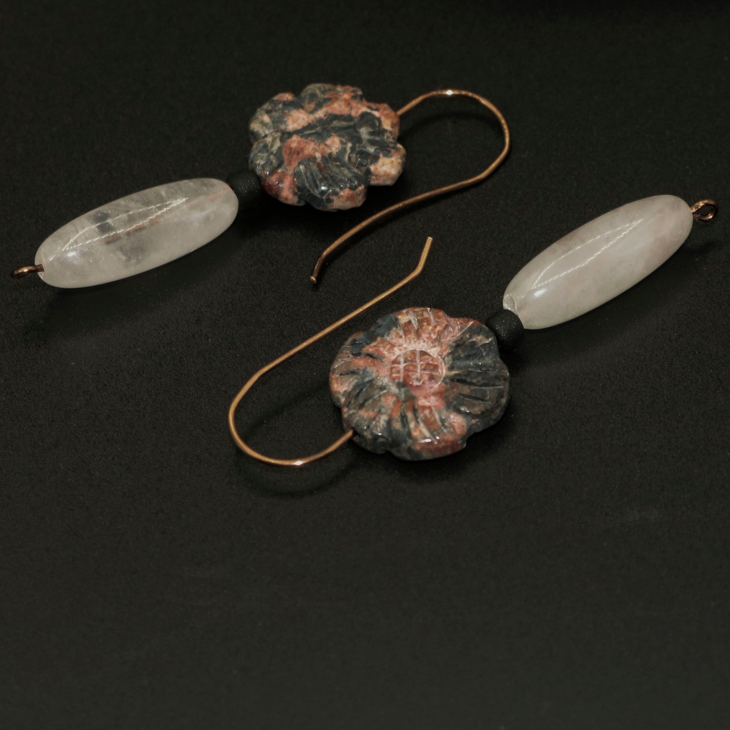 Leopard Skin Jasper Flower in Pink Vase Earrings