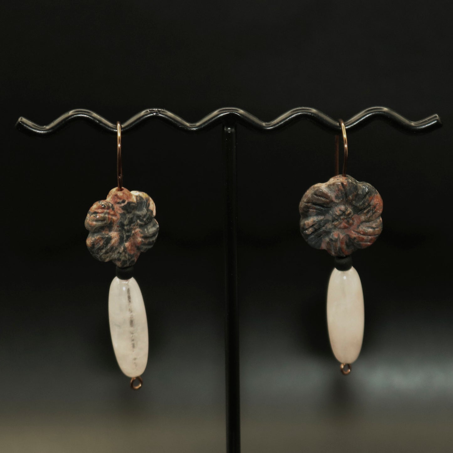 Leopard Skin Jasper Flower in Pink Vase Earrings