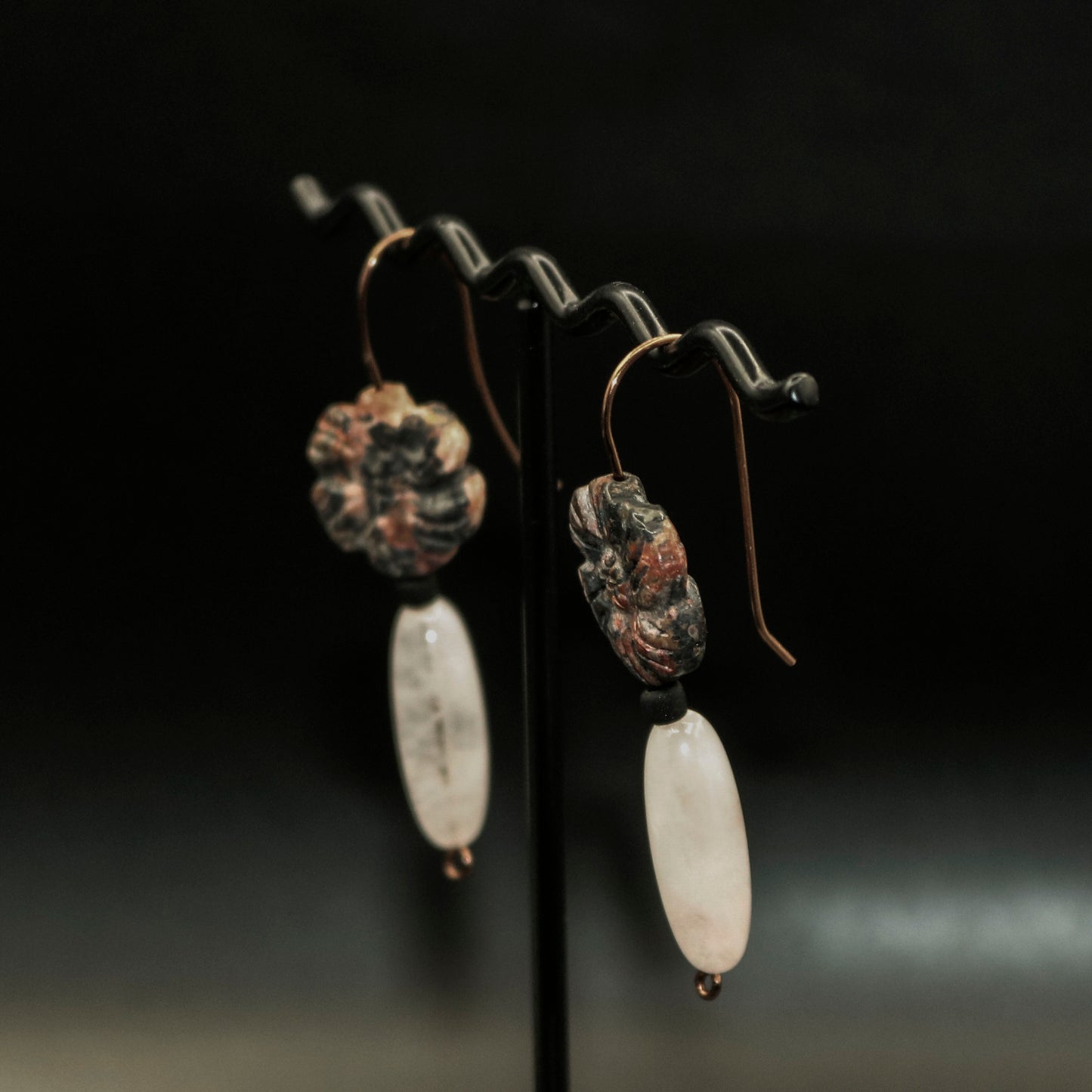 Leopard Skin Jasper Flower in Pink Vase Earrings