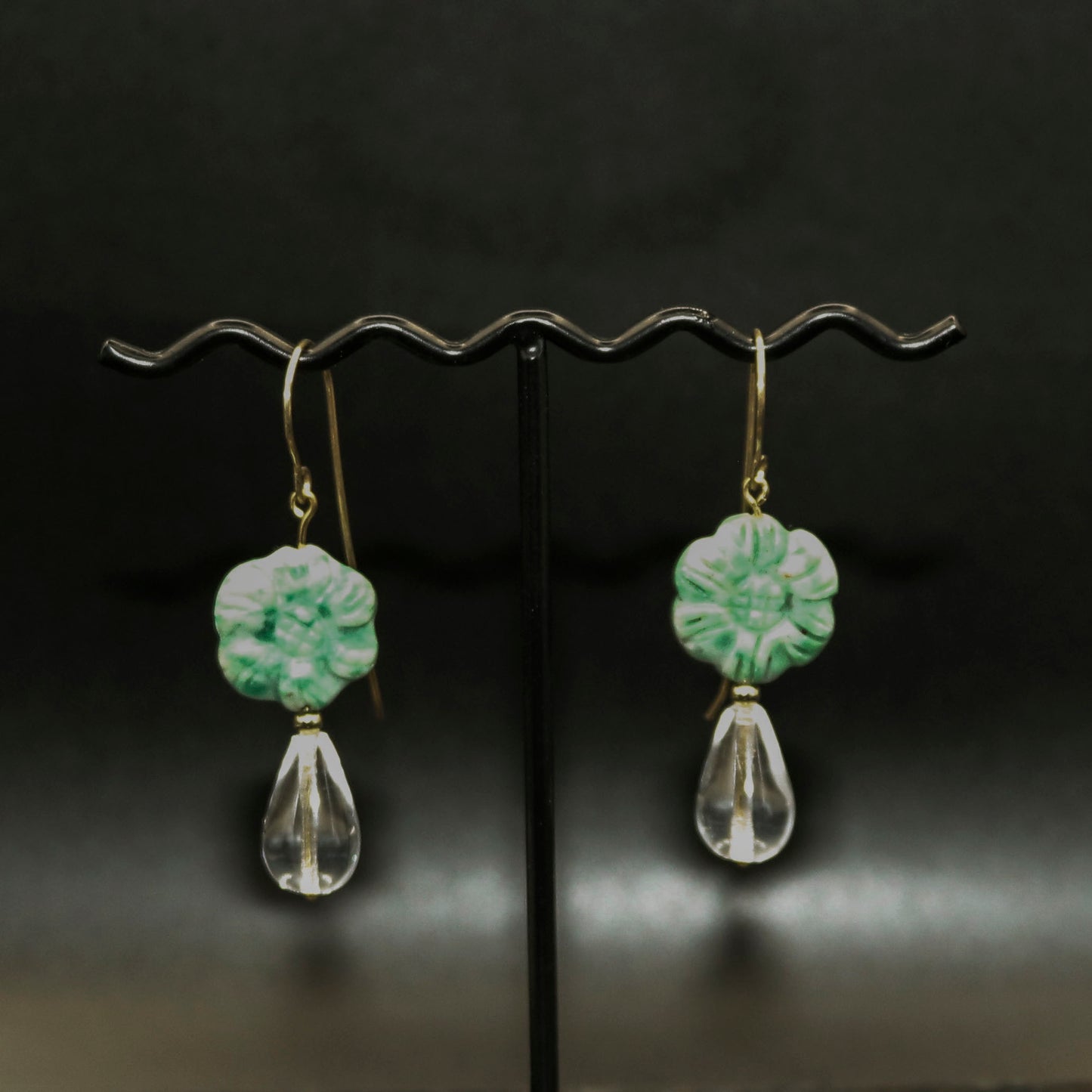 Mariposite Carved Flower in Clear Vase Earrings