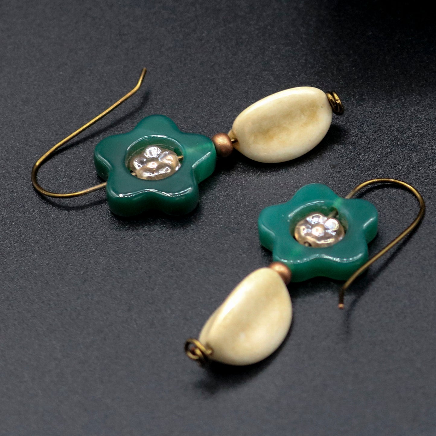 Green Chalcedony Flower in Cream Vase Earrings