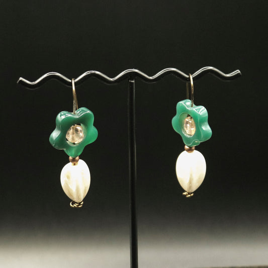 Green Chalcedony Flower in Cream Vase Earrings