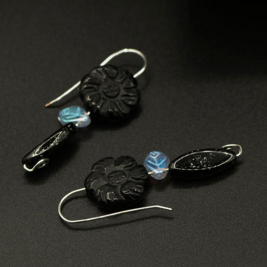 Carved Black Agate flower in Black Vase Earrings