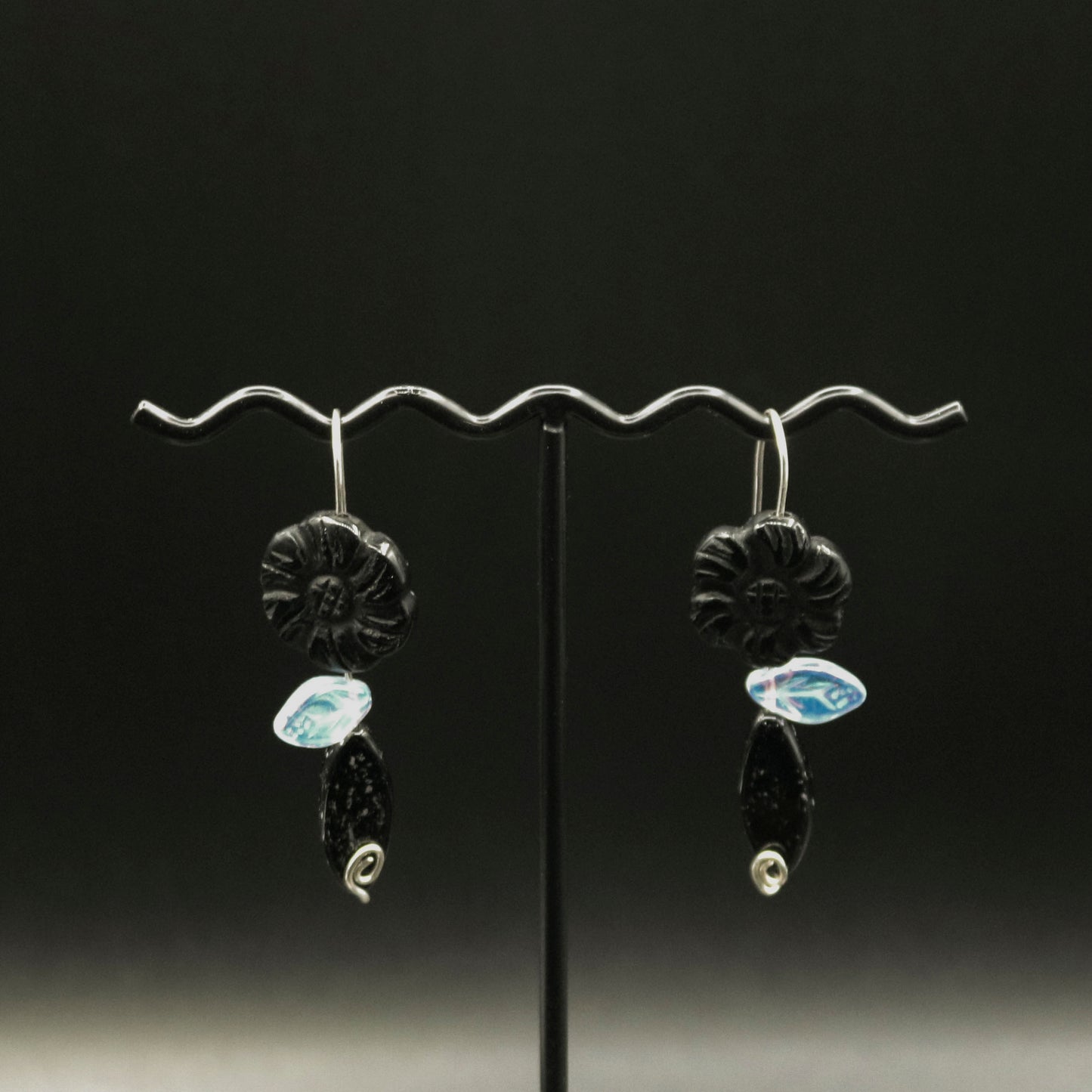 Carved Black Agate flower in Black Vase Earrings