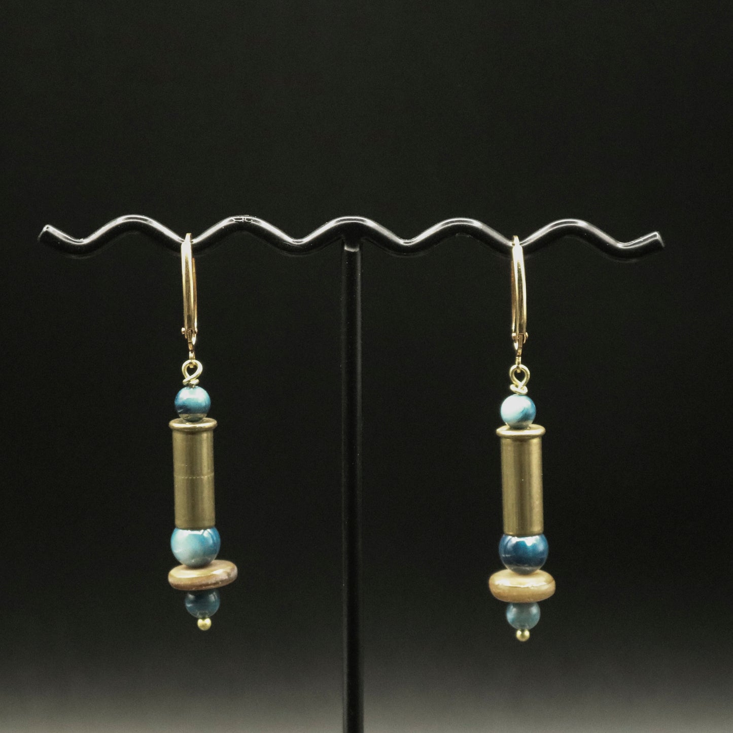 Hi-Caliber Brass Blue & Gold Shell Bead Earrings