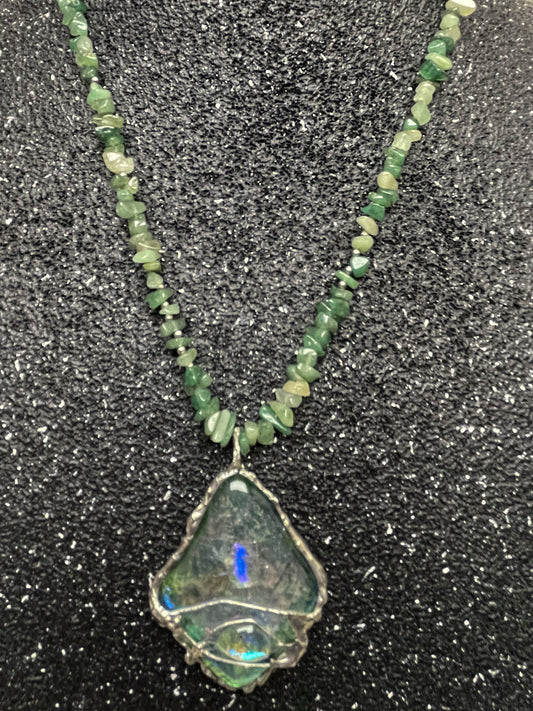 Soft Solder Fused Glass Pendant on Chalcedony Chip Necklace