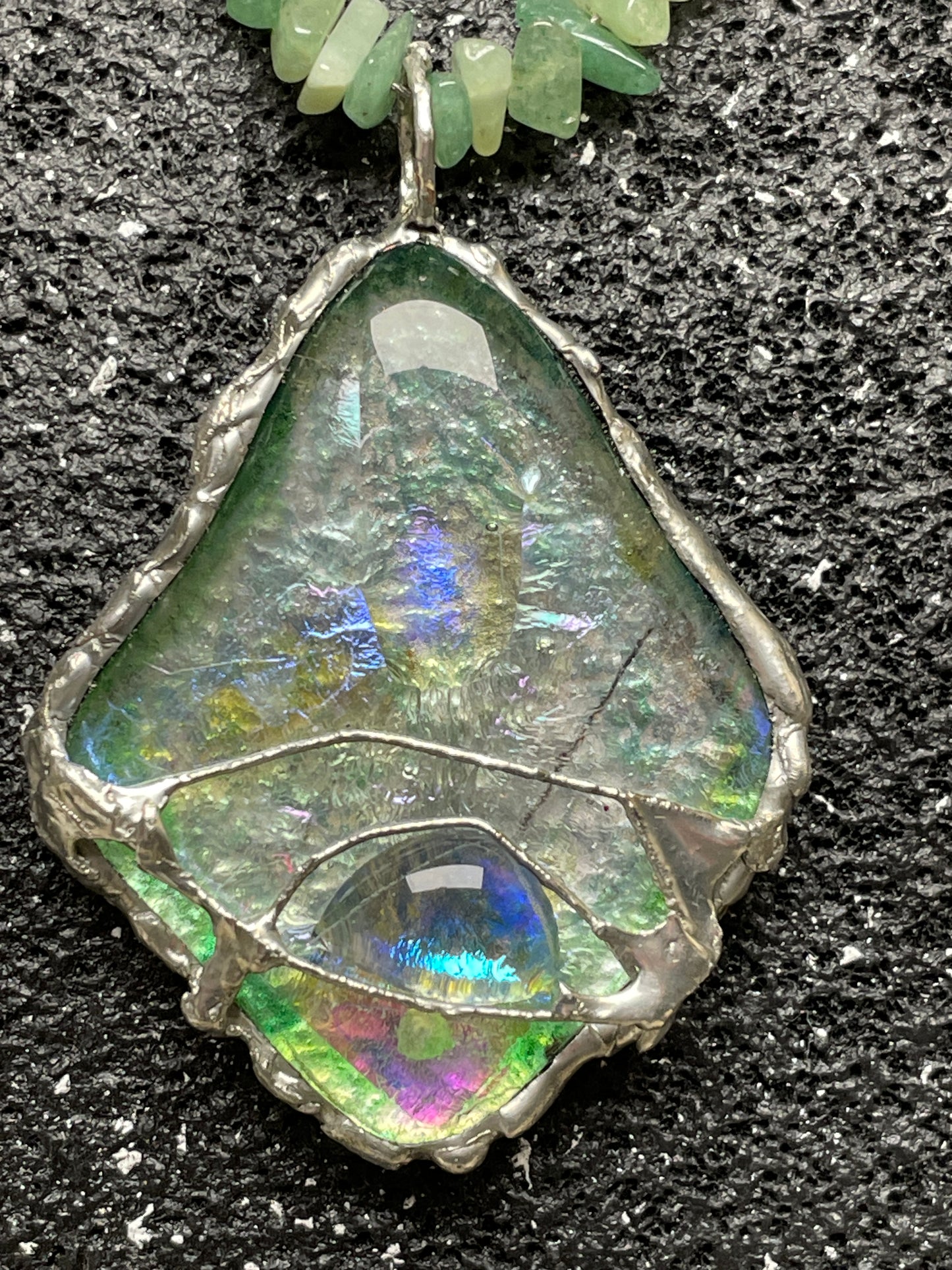 Soft Solder Fused Glass Pendant on Chalcedony Chip Necklace