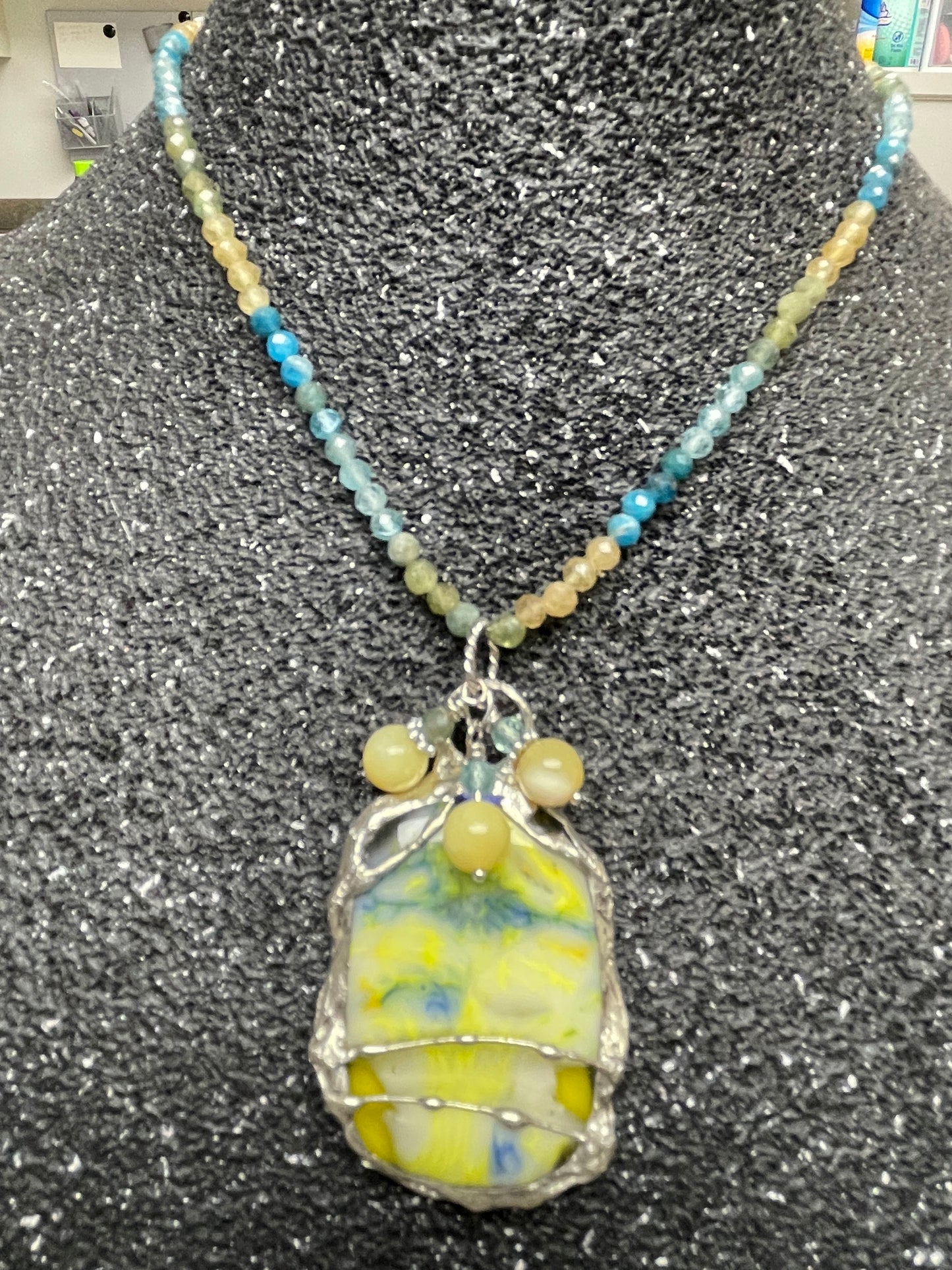 Soft Solder Fused Glass Pendant and Multi-Color Ombre Apatite Stone Necklace