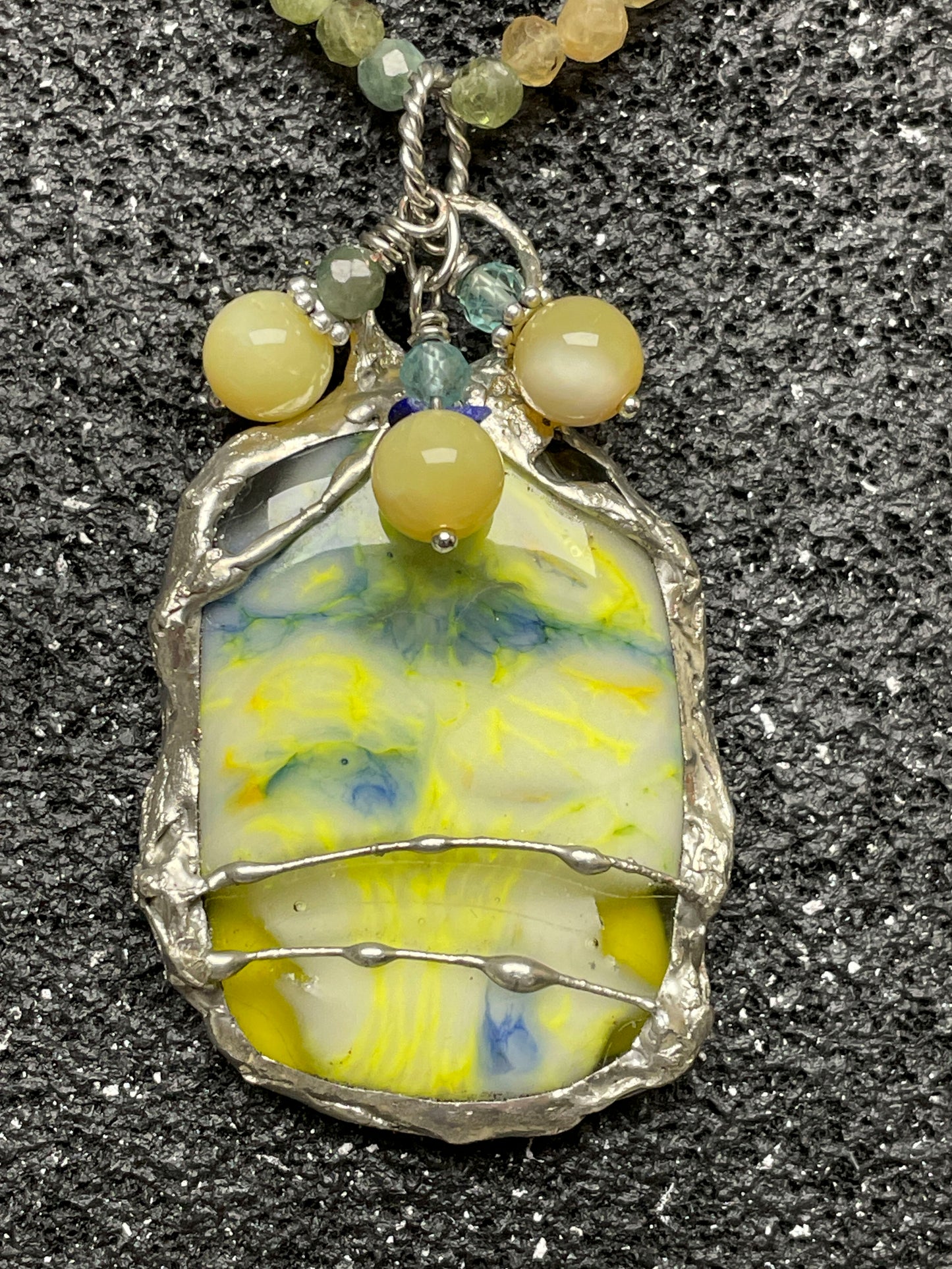 Soft Solder Fused Glass Pendant and Multi-Color Ombre Apatite Stone Necklace