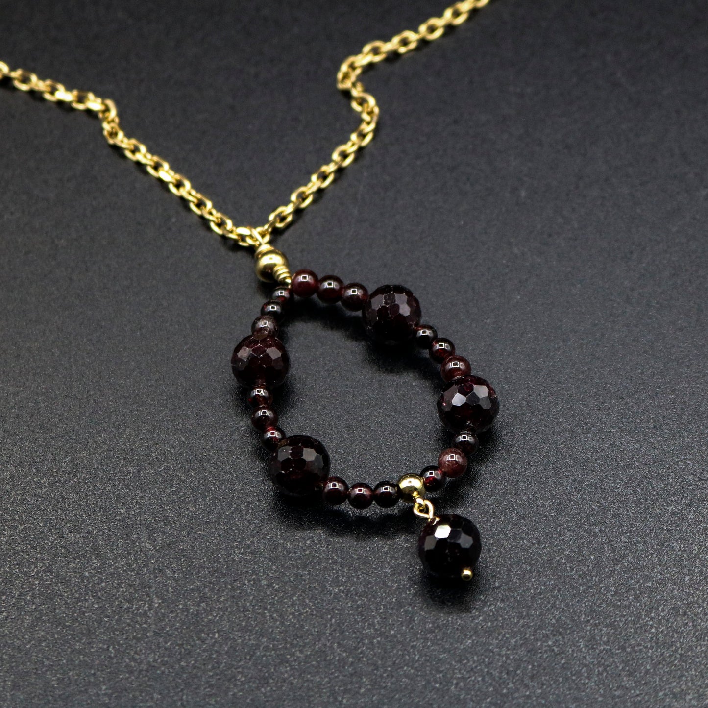 Cable Chain Necklace with Red Garnet Gemstone Tear Drop Pendant