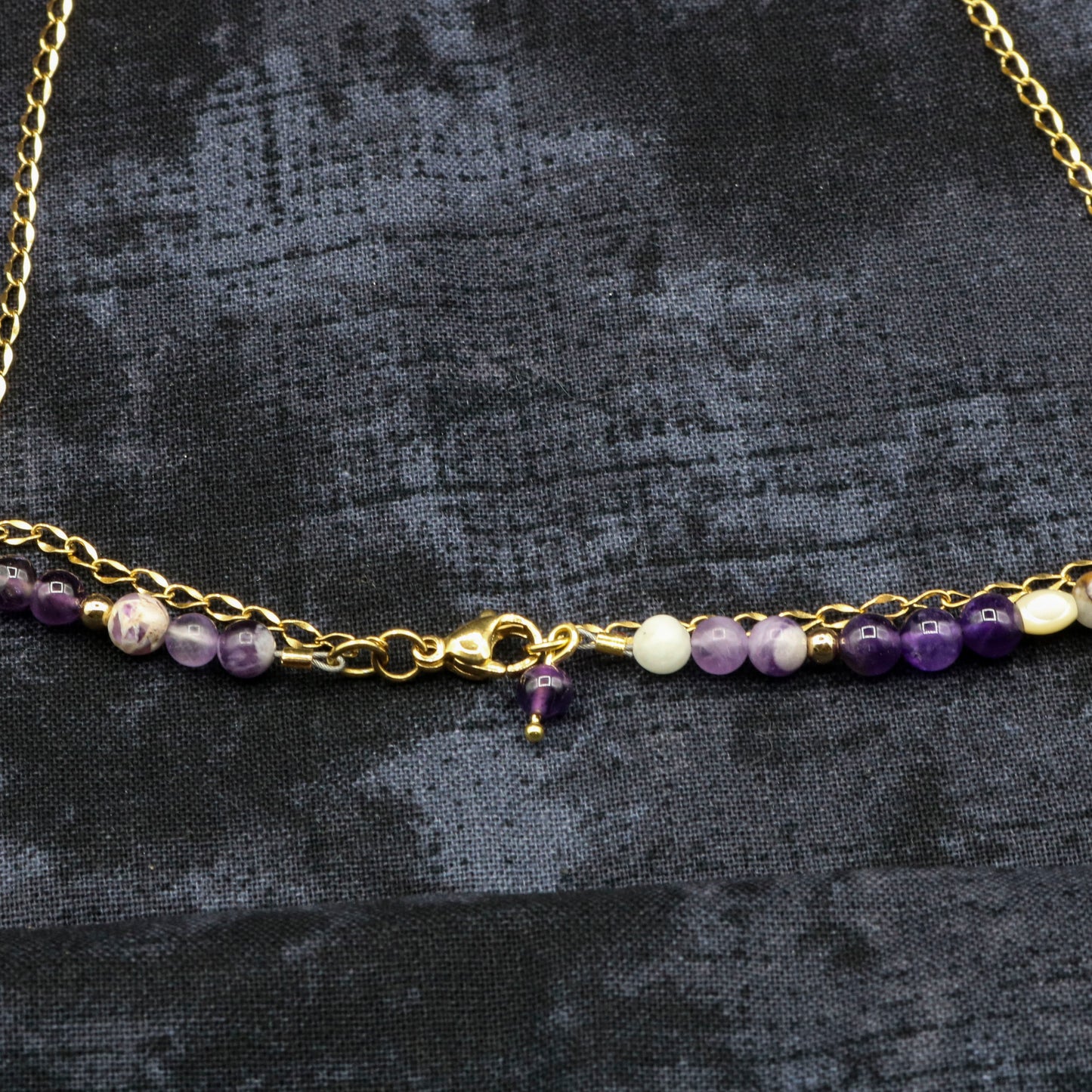 Amethyst Necklace with Mother of Pearl Cross & Layered Chain