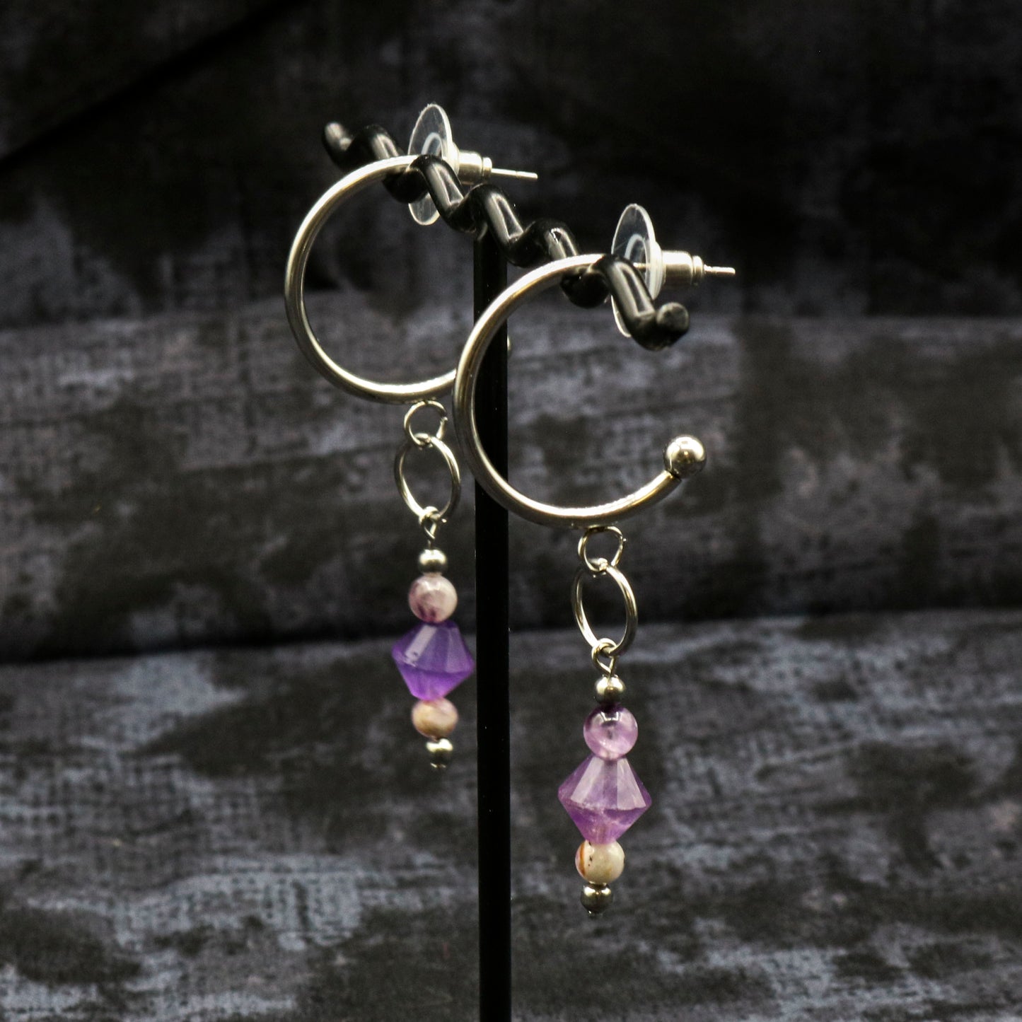 Amethyst Bicone Stud Hoop Earrings