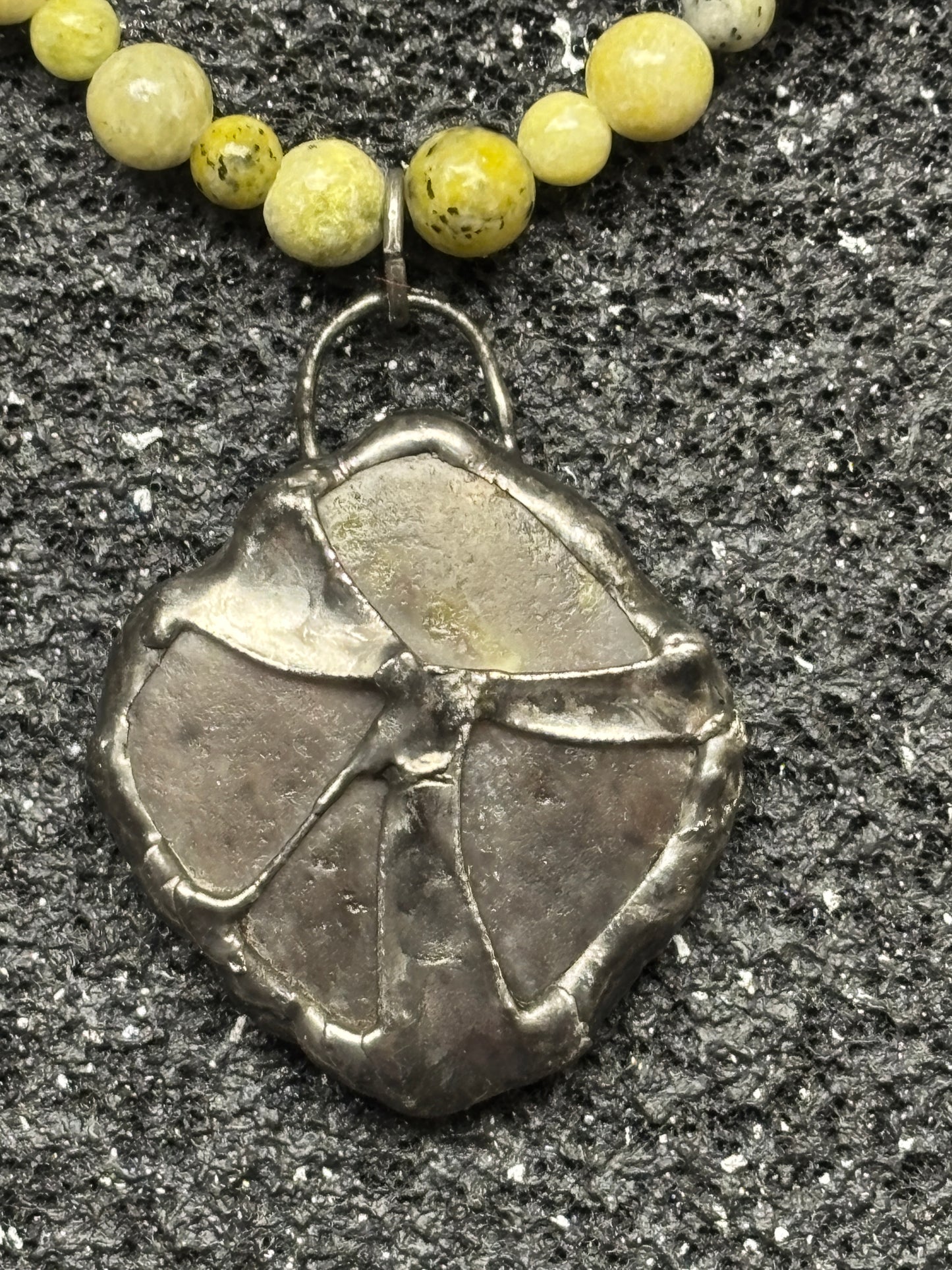 Soft Solder Lepidolite Stone Pendant on Serpentine Stone Necklace