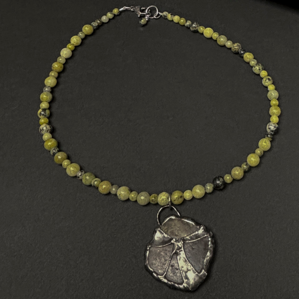 Soft Solder Lepidolite Stone Pendant on Serpentine Stone Necklace