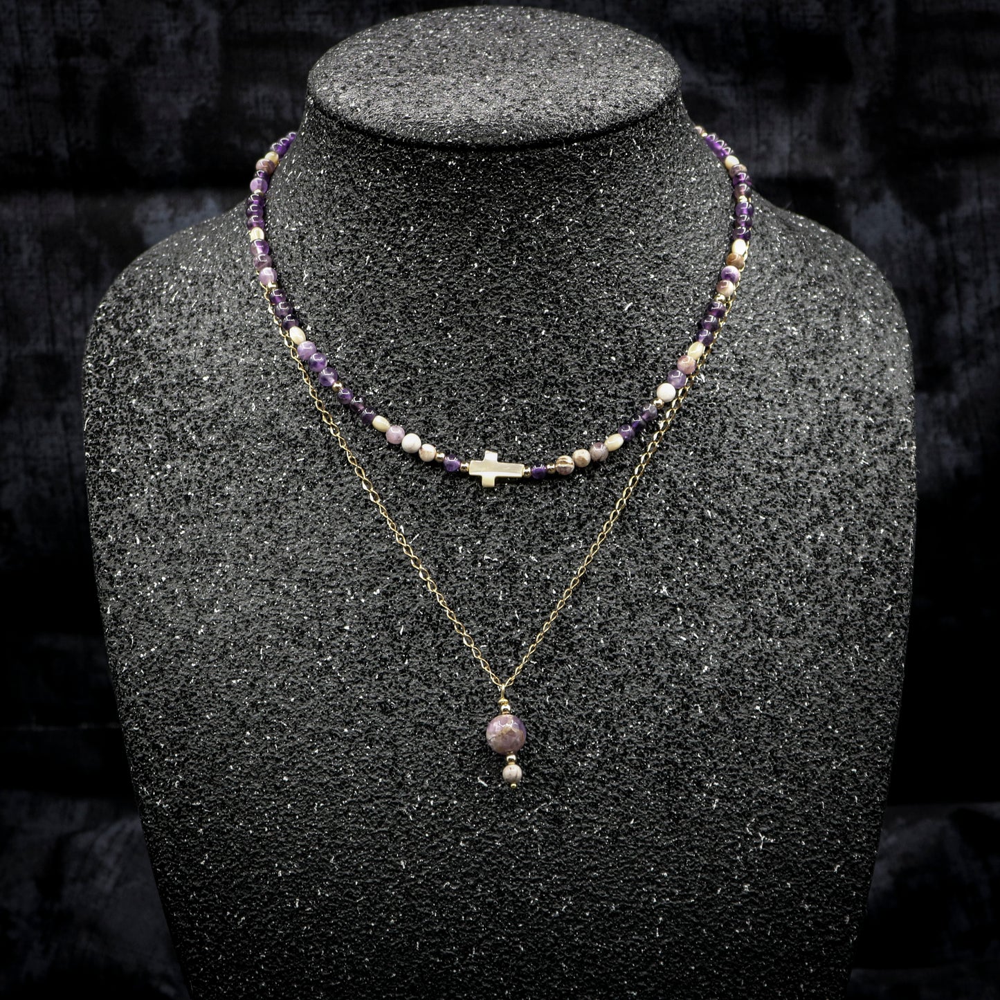 Amethyst Necklace with Mother of Pearl Cross & Layered Chain