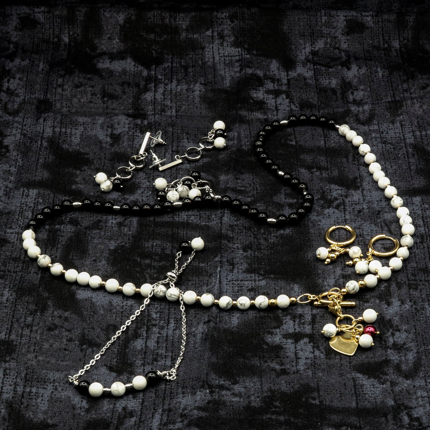 White Magnesite & Black Agate Reversible Necklace w/ Two Removeable Dangles